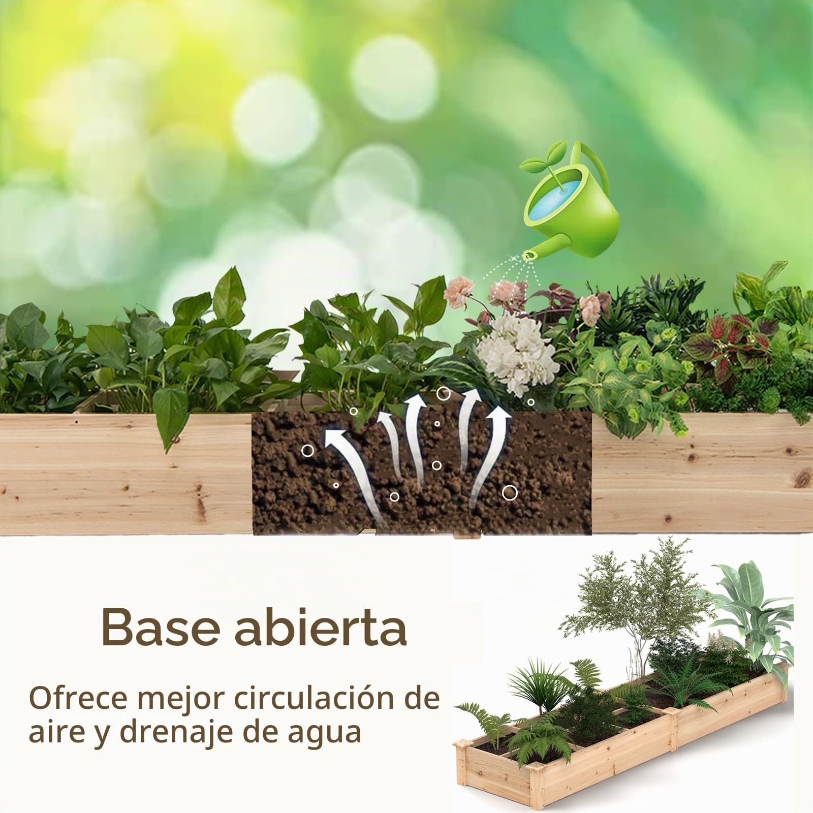 HOMASIS Huerto de Madera Elevado Cuadrado, Jardinera Exterior con 2 contenedores y separadores para Flores, Verduras, Frutas, Hierbas aromáticas para terraza, balcón, 228x62x25cm, Natural