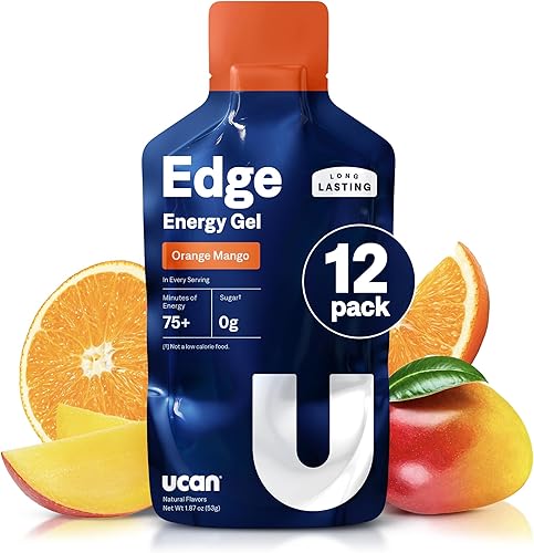 UCAN Edge Energy Gel Shots, naranja y mango (12 paquetes de 2 onzas) para correr, entrenar, entrenar, fitness, ciclismo, crossfit, sin azúcar,