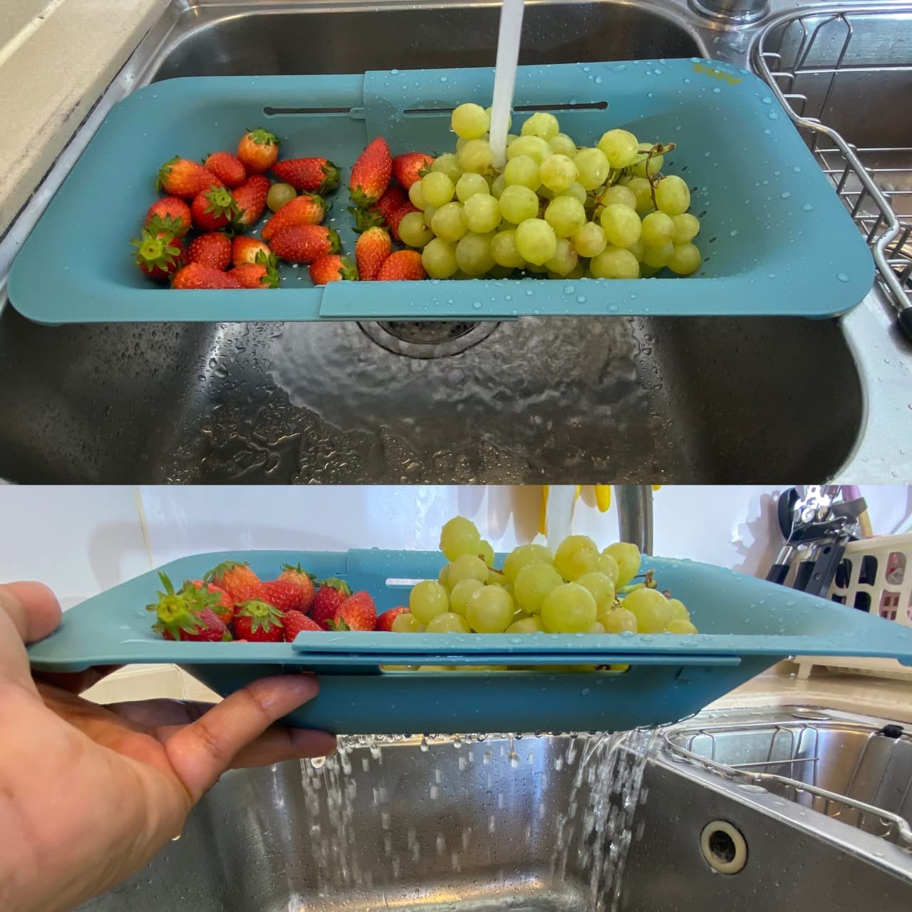 AHASON'S Paquete de 2 coladores para colocar sobre el fregadero, lavar verduras y frutas, escurrir pasta cocida, cesta extensible (juego de 2 unidades)