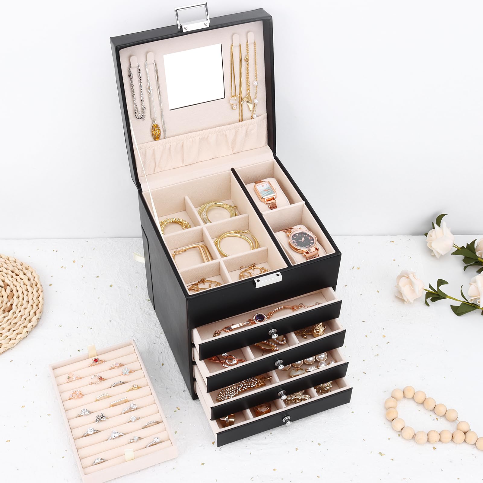 Portagioie Grande Con Coperchio In Vetro E 5 Cassetti - Organizer In Pelle PU Con Hardware Oro - Porta Anelli, Collane, Orecchini E Bracciali - Scatola Regalo Per Donna - 2