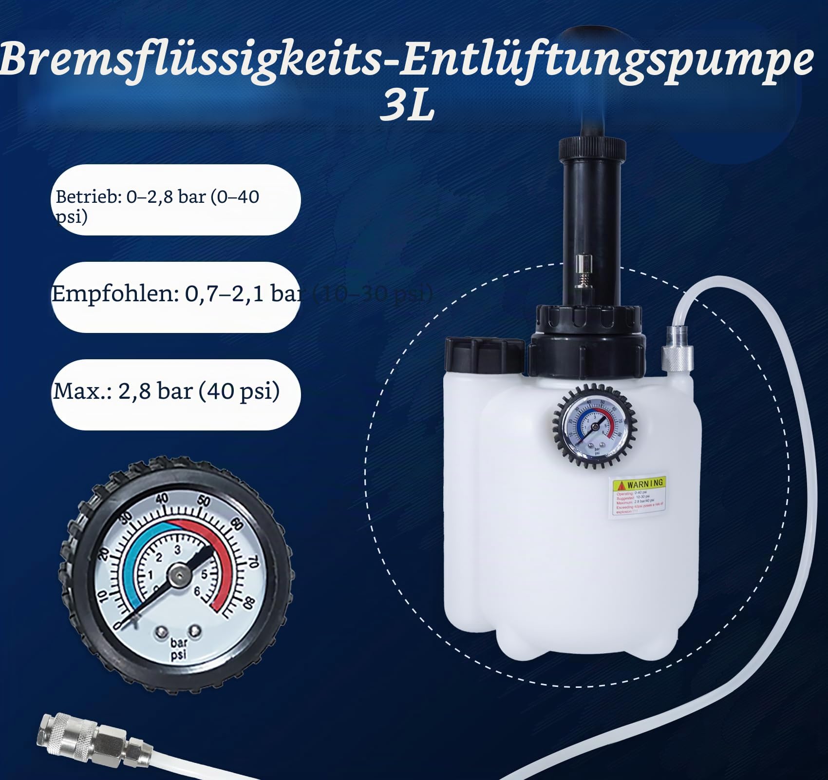 3L Manueller Bremsflüssigkeitsentlüftungssatz mit 1L Entlüftungsflasche, 43mm Bremsenentlüftungsadapter und 4 Hauptzylinderadapter Kompatibel mit Toyota, Lexus, Chrysler, Dodge, Jeep, Nissan, Ford usw