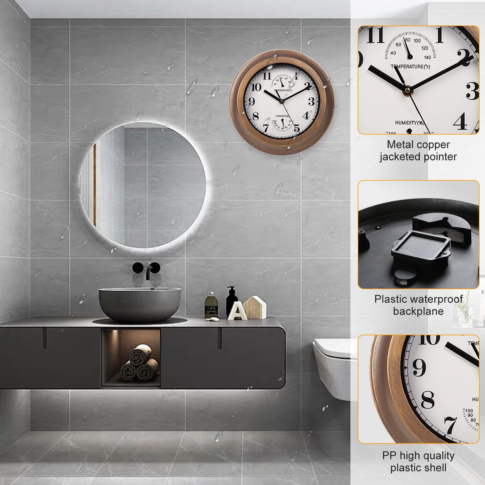 Reloj de pared impermeable para exteriores, reloj de pared retro de 11.2 pulgadas con temperatura e higrómetro, sin ruido de tictac, reloj de pared de estilo industrial retro para jardín,