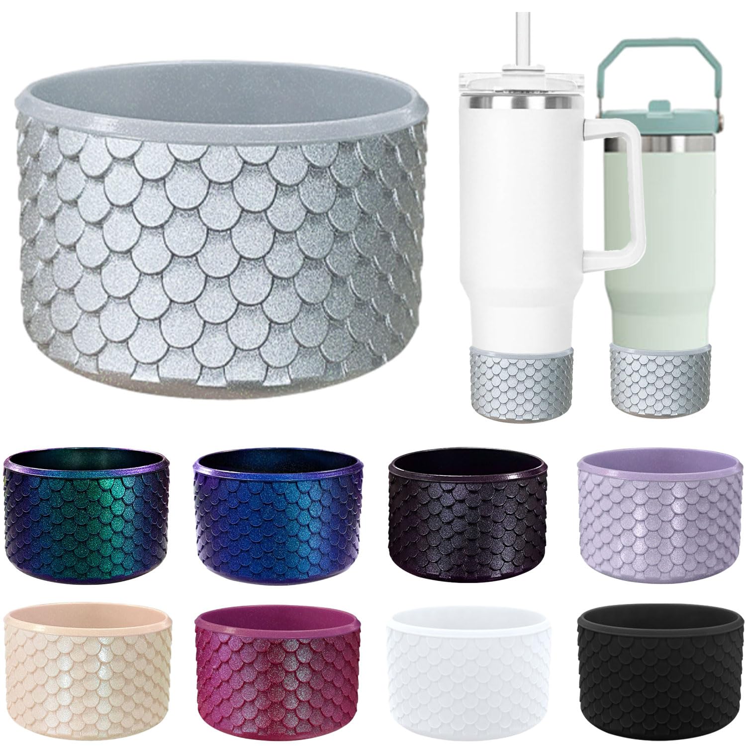 Glitter Glossy Silicone Boots for Stanley Cup 20/30/40Oz, Anti-Slip Cup Bottom Protector Boot for 12-24oz Hydroflask Owala Tumblers, 10mm/0.4in Boot for Stanley Cup Accessories (Silvery)