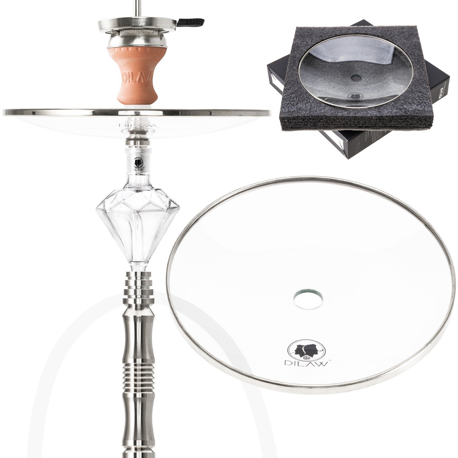 DILAW® Shisha Kohleteller Glas Glaskohleteller | 21cm Medium Silber | Wasserpfeife Hookah - Zubehör V2A Edelstahl Kohle-Teller