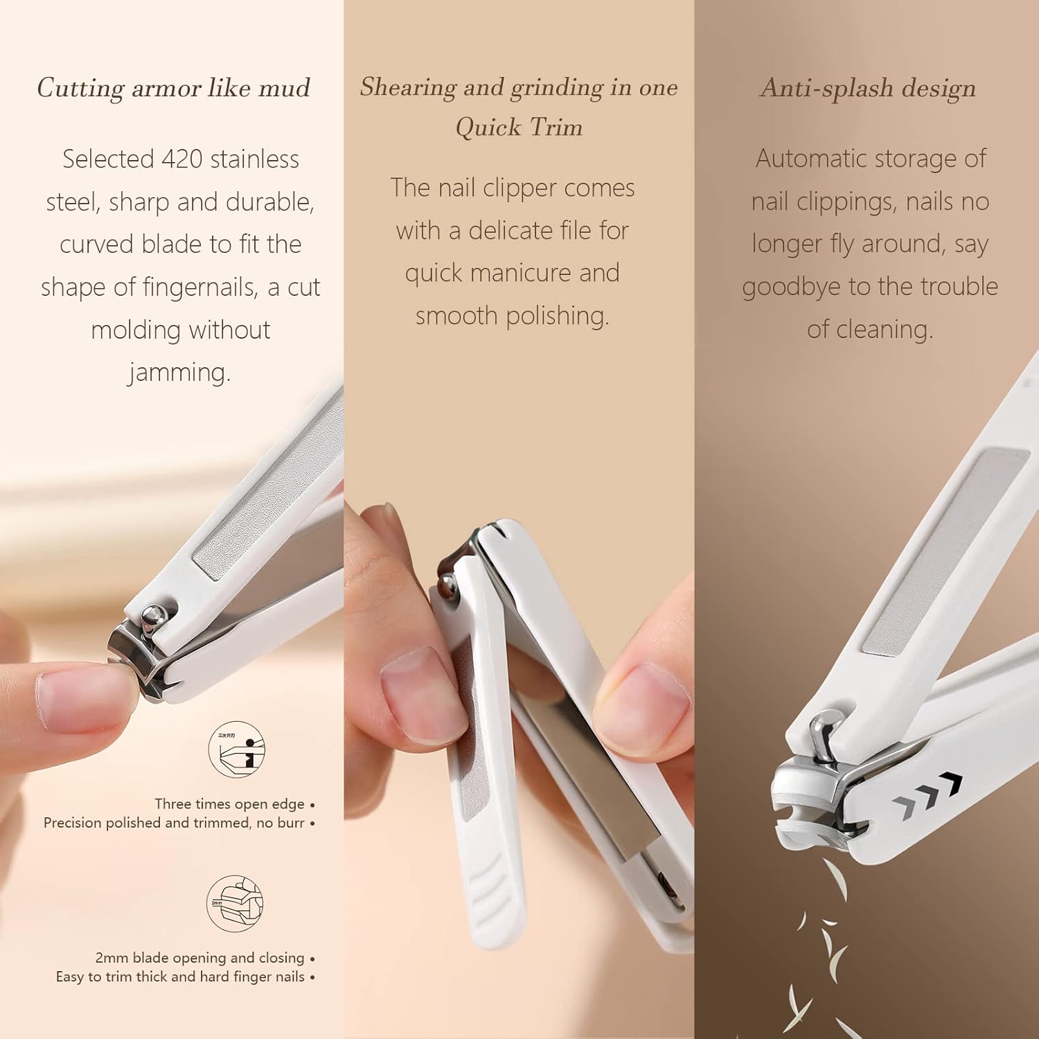 White Nail Clipper Set with Beautiful Storage Box, Personal Care 3-Piece Set, Sharp Stainless Steel Nail Clipper, Splash-Proof Design, The Best Gift for Female Friends