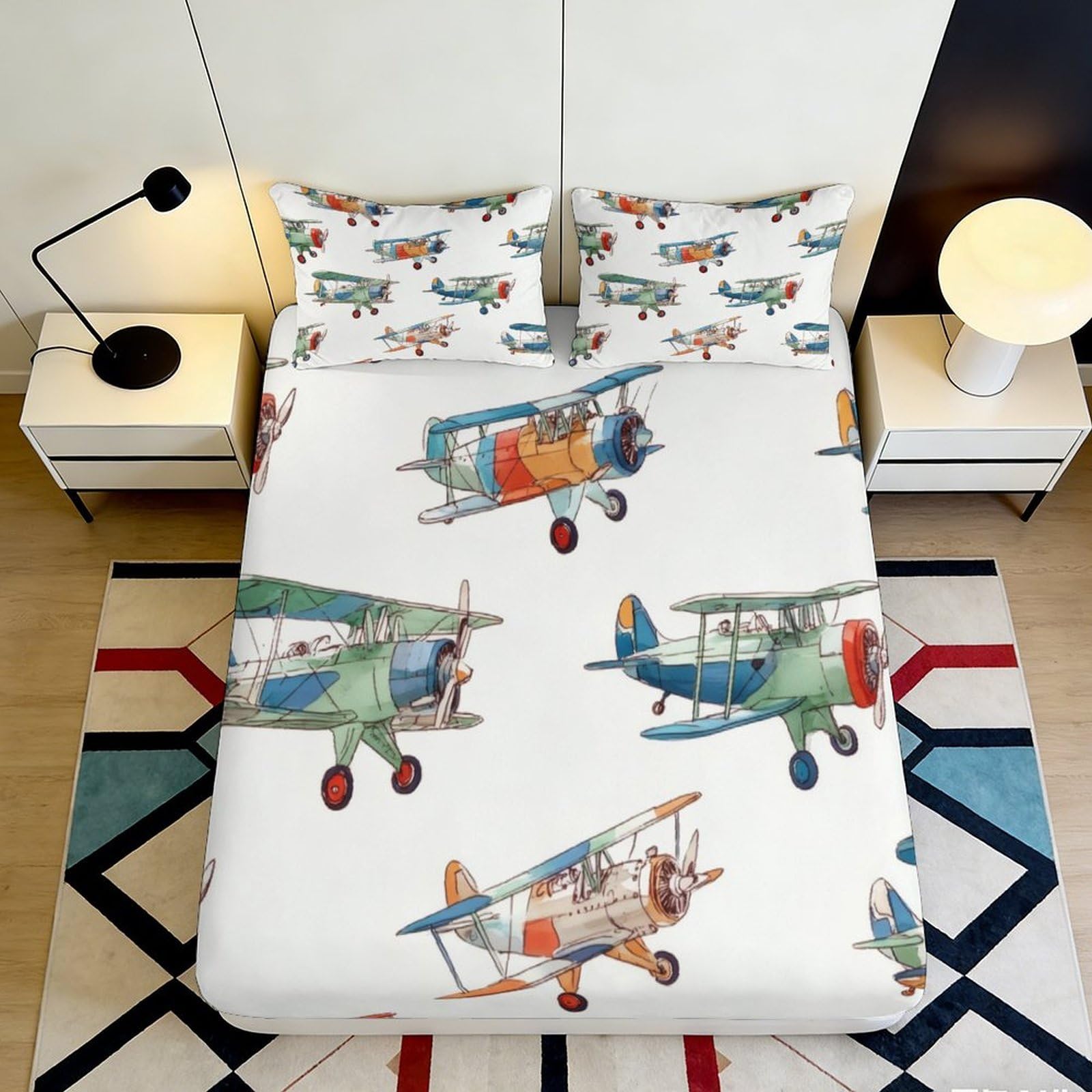 3D Printed Vintage Airplane Fitted Sheet Microfiber Soft Breathable Retro Plane Bed Cover for Bedroom Dormitory Guest Room Mattress Protection Decor 160x200x25cm
