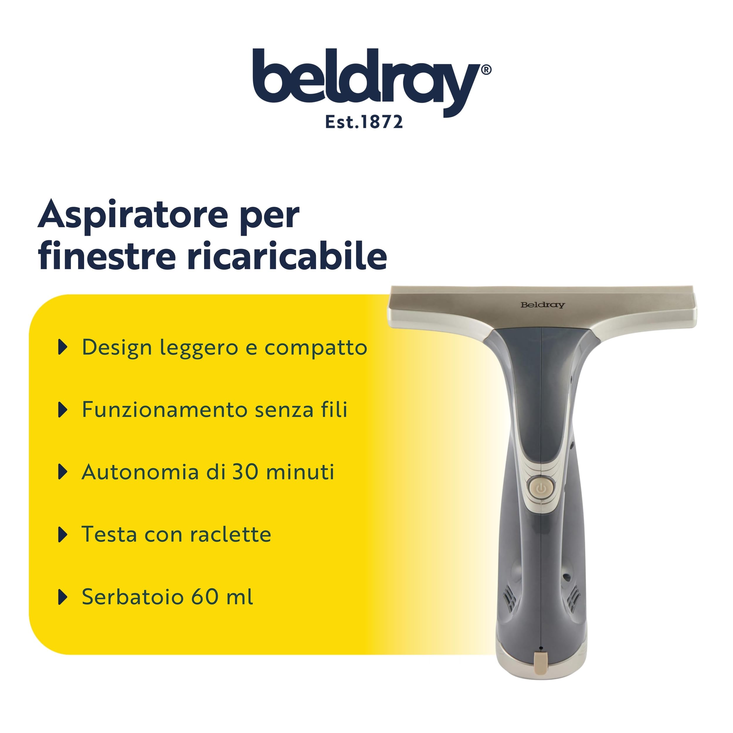 Beldray Titanium Aspirapolvere per vetri senza fili – Pulitore per vetri portatile con testa a tergivetro, serbatoio da 60 ml, autonomia di 30 minuti, ricaricabile e leggero