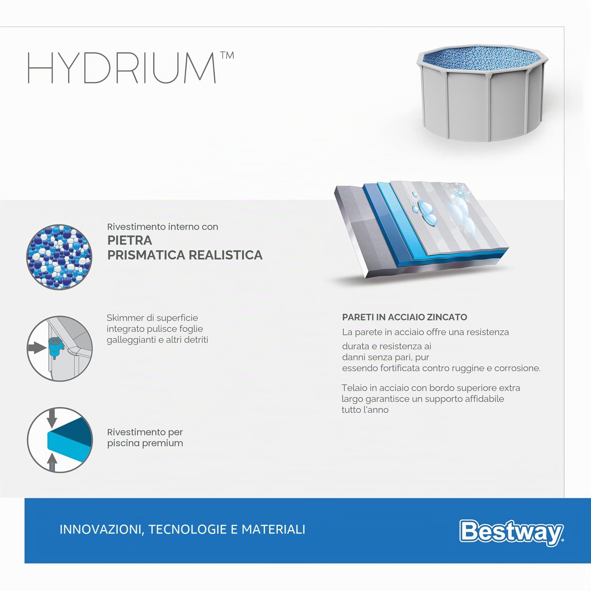Bestway Hydrium, piscina a parete in acciaio, set completo con impianto di filtraggio a sabbia, Ø 300 x 120 cm, grigio, rotondo