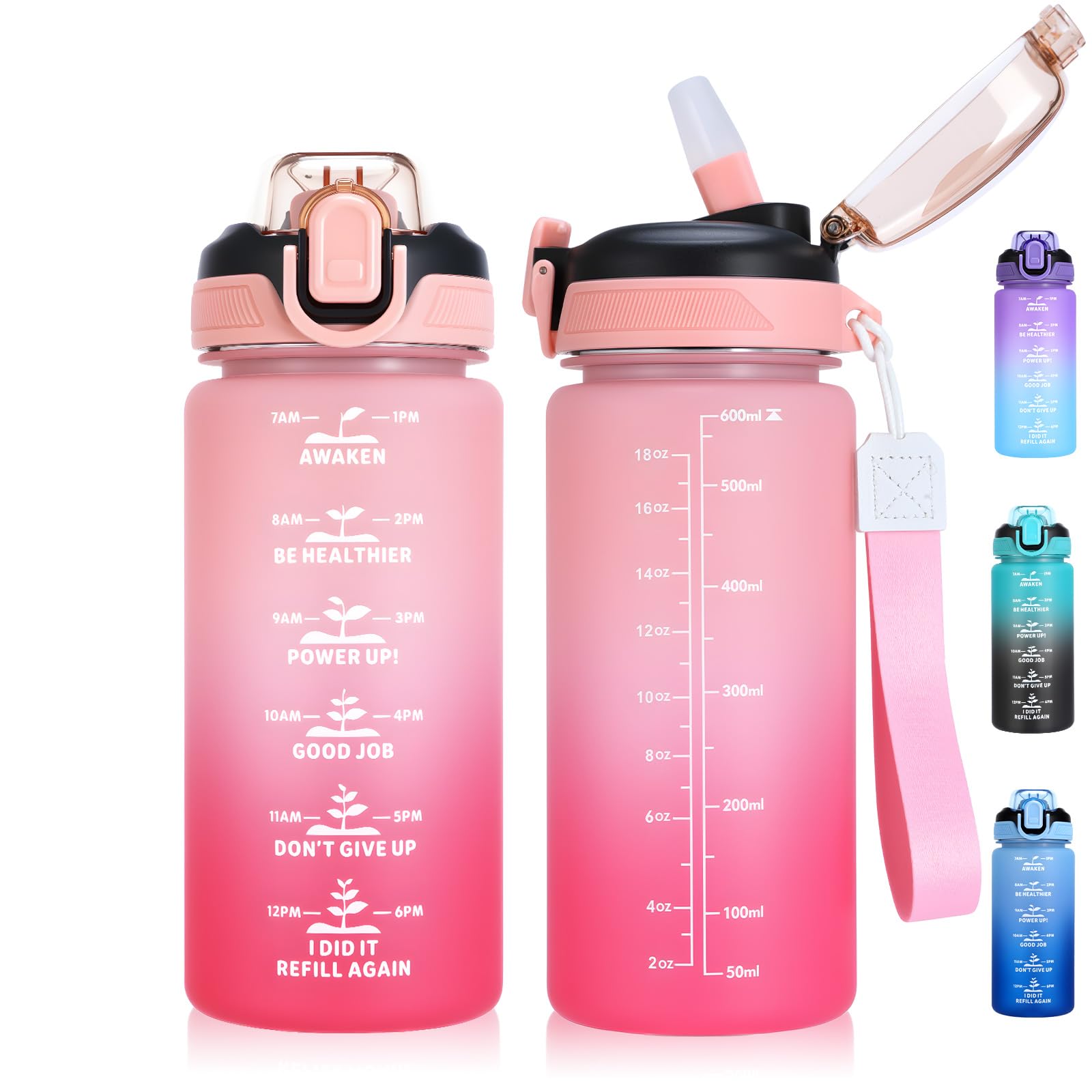 SUPPRUI Kids Water Bottle With Straw, 600ml Children Drinks for School, Leakproof BPA-Free Tritan Motivational Drink Bottles for Girls Boys (Pink)