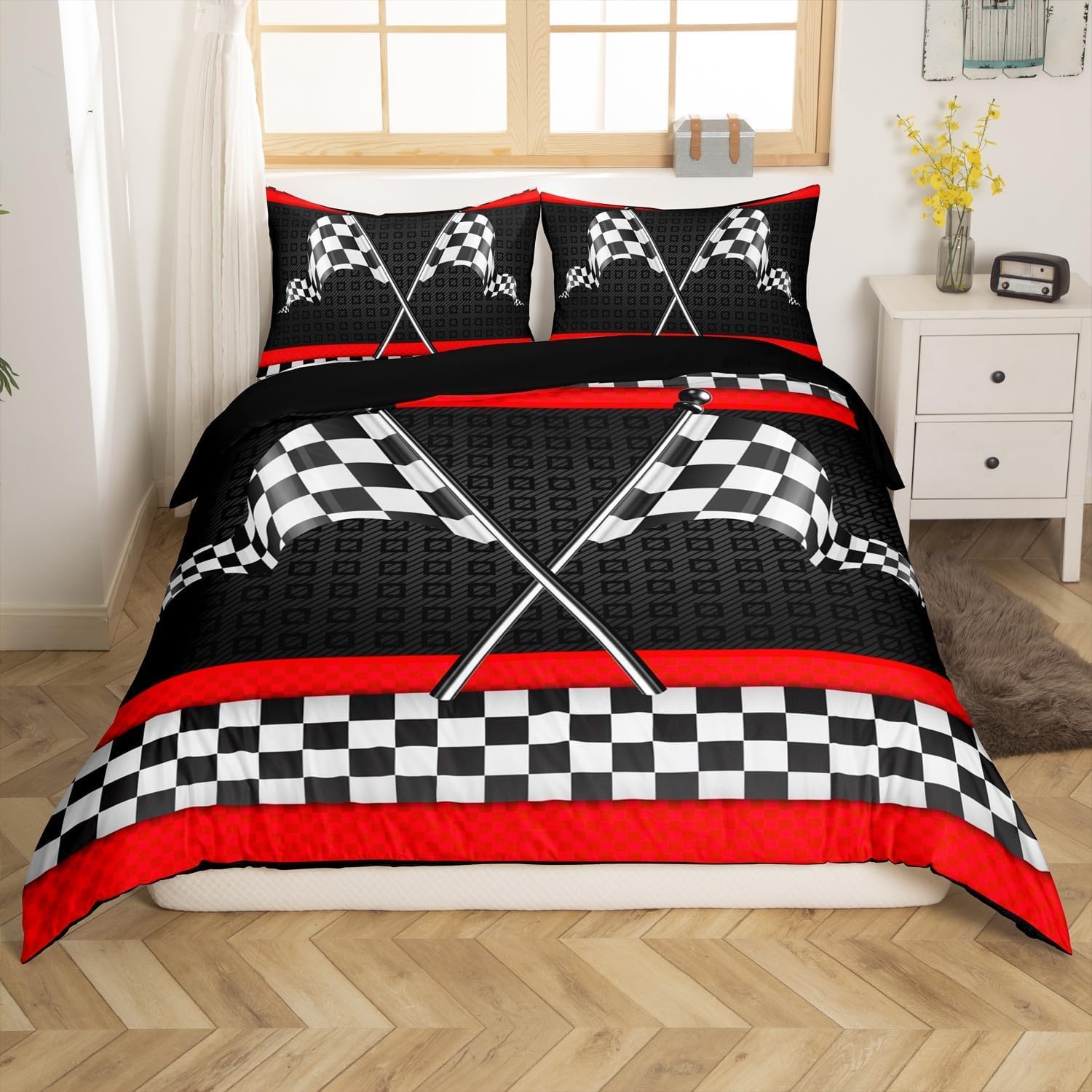 feelingyou Race Car Themed Bedding Set Double Size,Black White Checkered Flag Print Bedding Set for Kids Boys Men,Red Stripes Geometric Grid Plaid Quilted Cover Set including 2 Pillowcases - Image 3