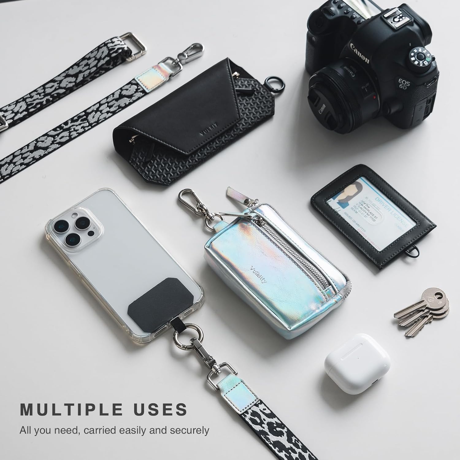 Vulkitty Clip and Go Strap for Phone with Wallet Crossbody, Phone Strap with Zippered Pouch, Removable lanyard or Wristlet