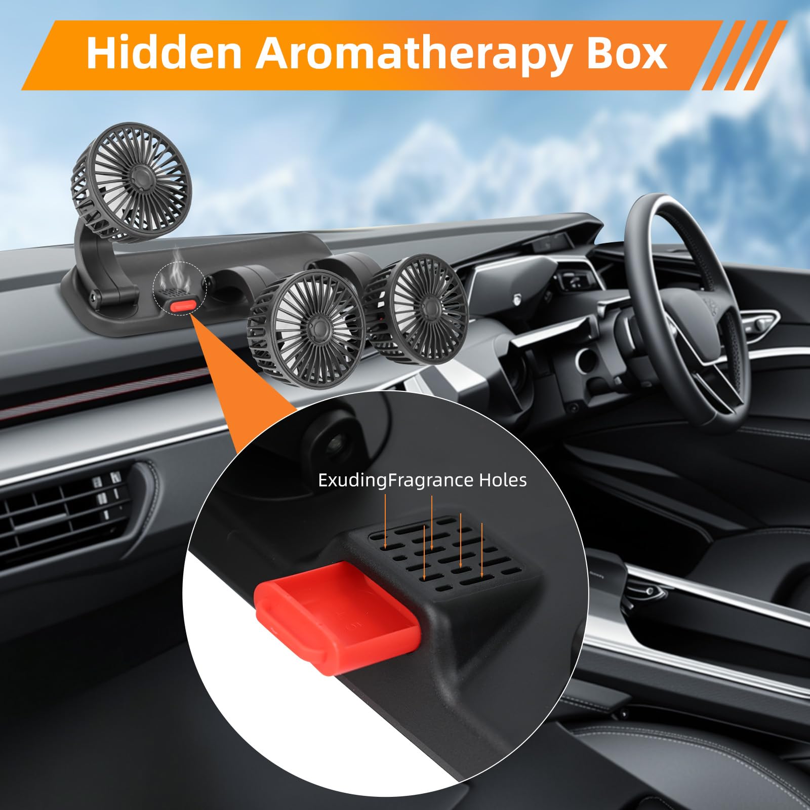 Ventilatore elettrico per auto Riloer 5V / 12V / 24V, ventilatore d'aria portatile a tre teste, ventilatore di circolazione dell'aria di rotazione a 360 °, USB/accendisigari alimentato