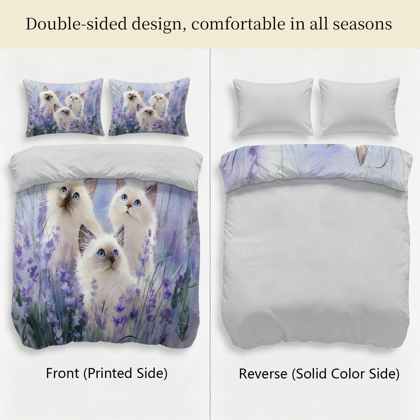 Dreamy - Juego de funda de edredón y funda de almohada tamaño Super King, diseño de gato pastoral lavanda, ropa de cama de microfibra suave, 260 x 220 cm, reversible, hipoalergénica, para niños y