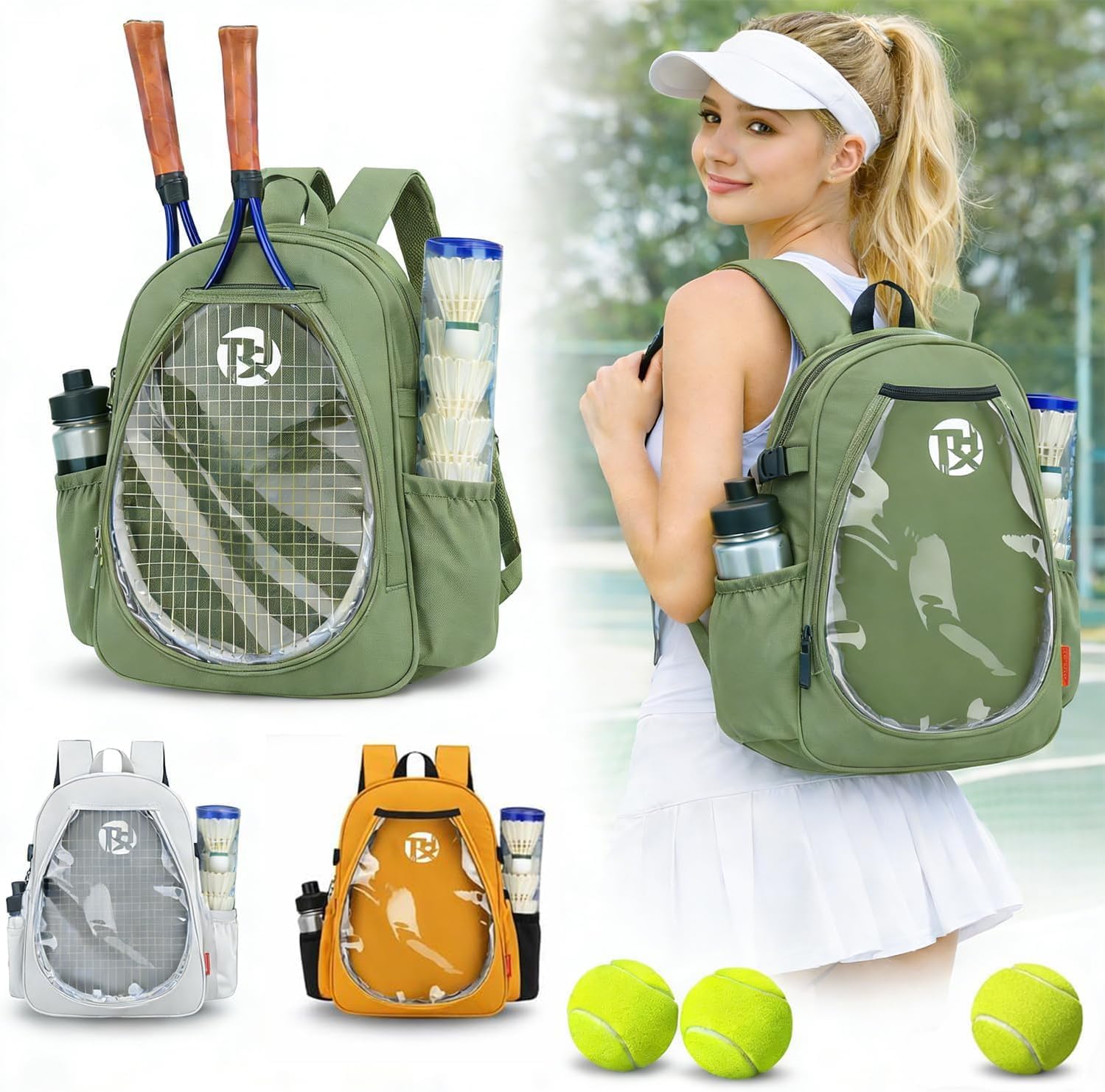 Tennis Backpack Holds 2 Rackets - Large Capacity Tennis Bag with Shoe Compartment for Women Men, Adjustable Straps Gym Bag Fit for Pickleball Paddles Badminton Racquet
