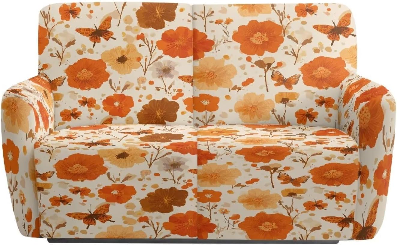 Suobstales Butterfly Flower Print Loveseat Recliner Slipcover 6 Pieces Stretch Recliner Sofa Cover for 2 Seat Reclining Loveseat Couch, Furniture Protector with Elastic Bottom