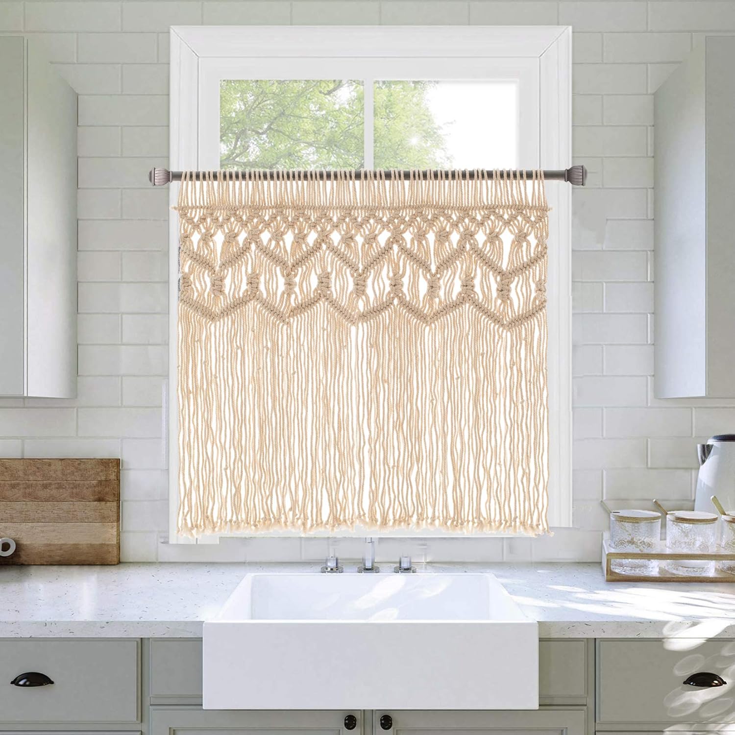Boho Macrame Textured Cotton Valance - Kitchen Window Curtains & Wall Decor - Macrame Valance - Bathroom Window Curtains, 26" W x 27" L, Neutral
