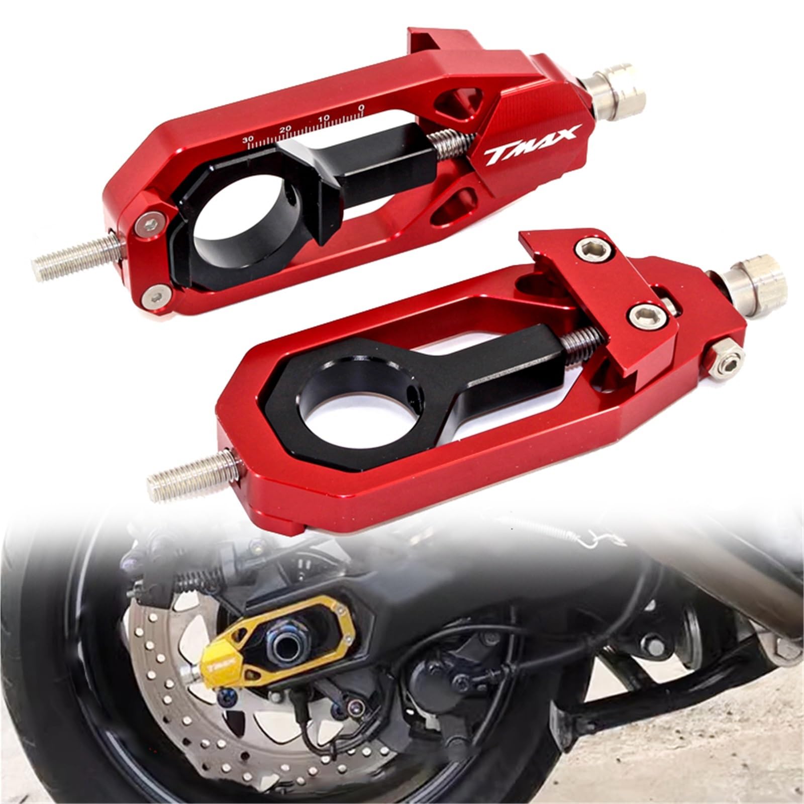 Tendeur de chaîne TMAX 530 en aluminium CNC pour un alignement d'essieu arrière précis