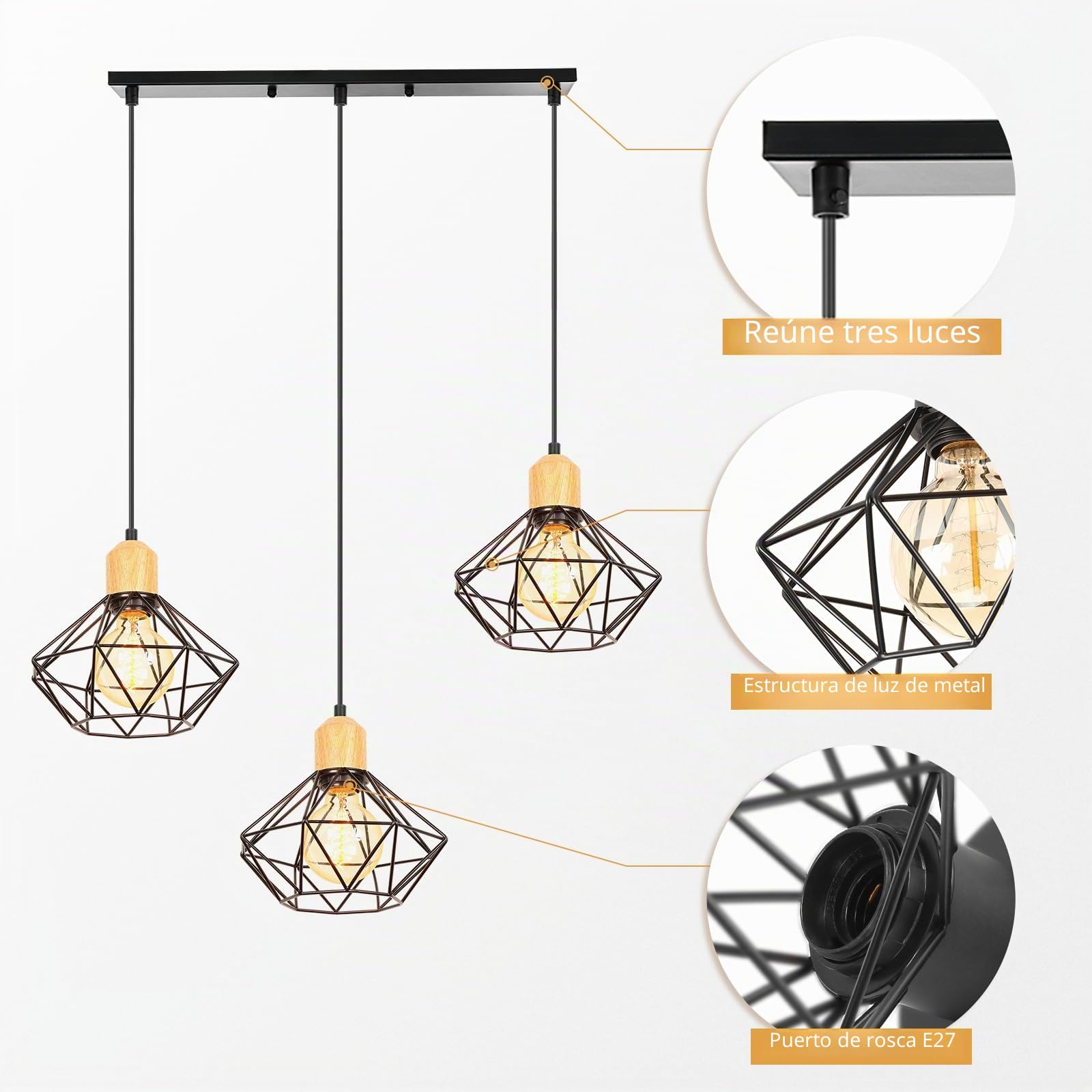 Lampara Colgante 3 Luces Vintage Lámpara de Techo E27 Industrial Iluminación de Techo de Interior en Madera y Hierro16CM Diseño de Jaula Negro para Comedor Cocina (una barra-50 cm)