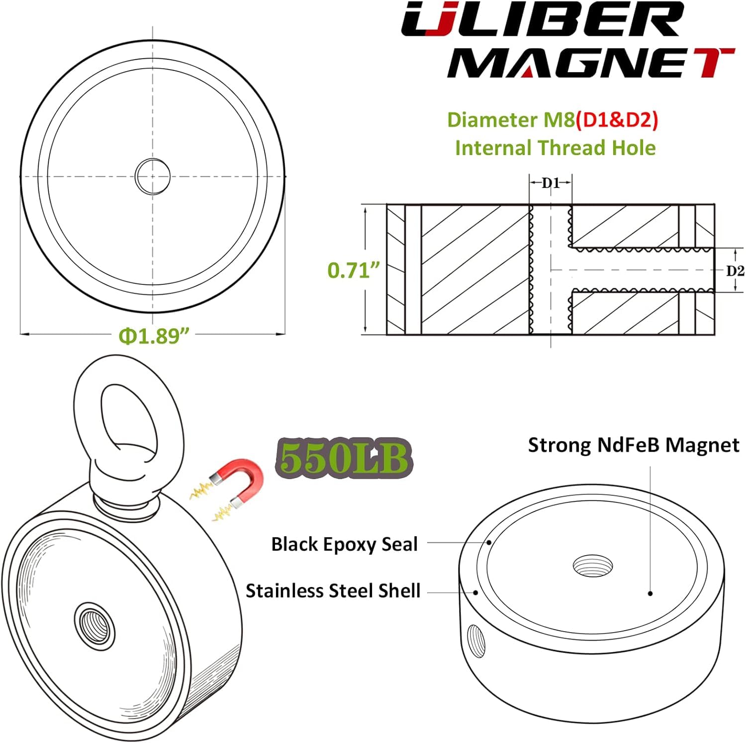 ULIBERMAGNET Super starke doppelseitige Angelmagnete, kombiniert 240KG, Starter Starter-Set mit Neodym-Magneten, für Magnetangeln und Schatzsuche unter Wasser..