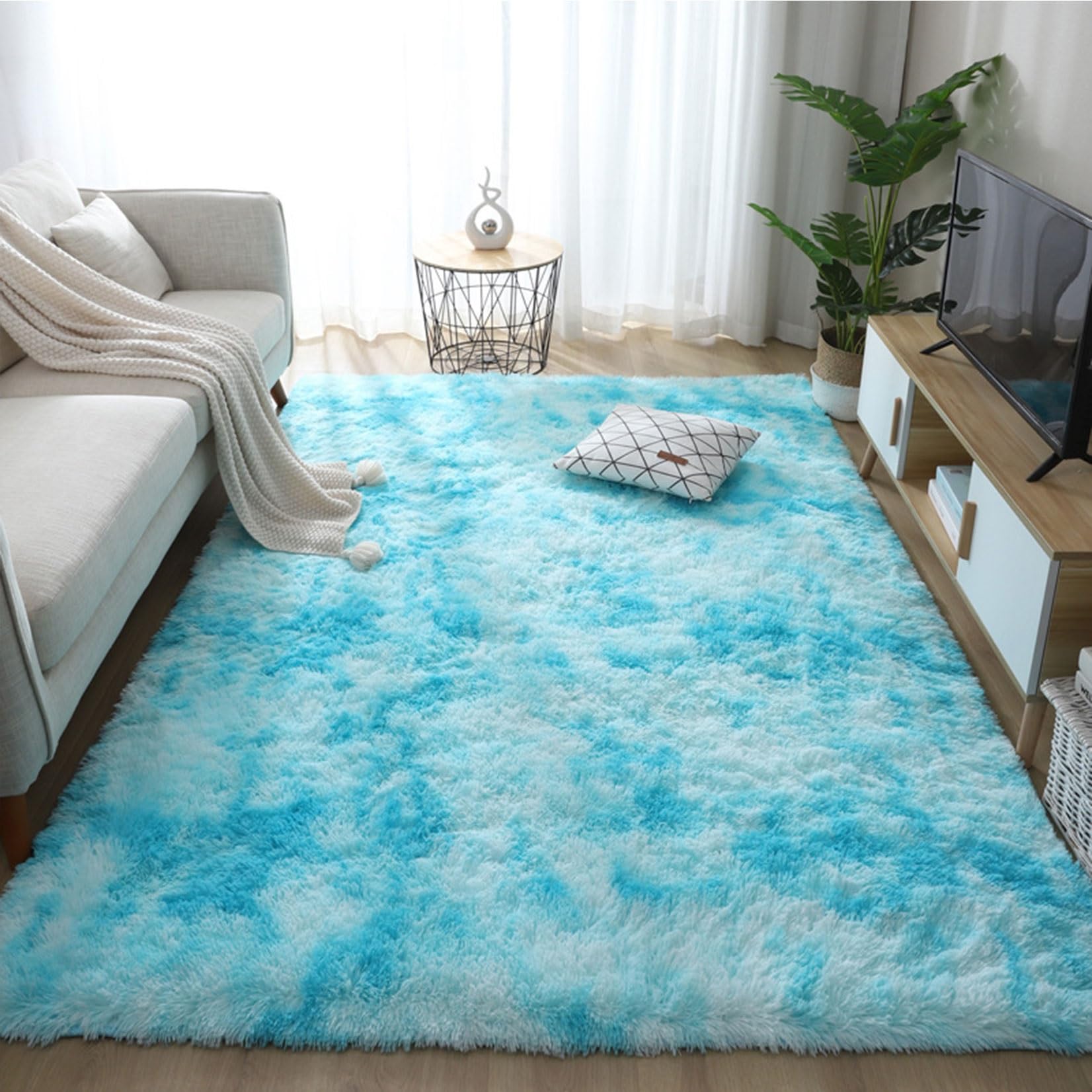 Tapis de salon shaggy bleu ciel 200x240 cm pelucheux de qualité