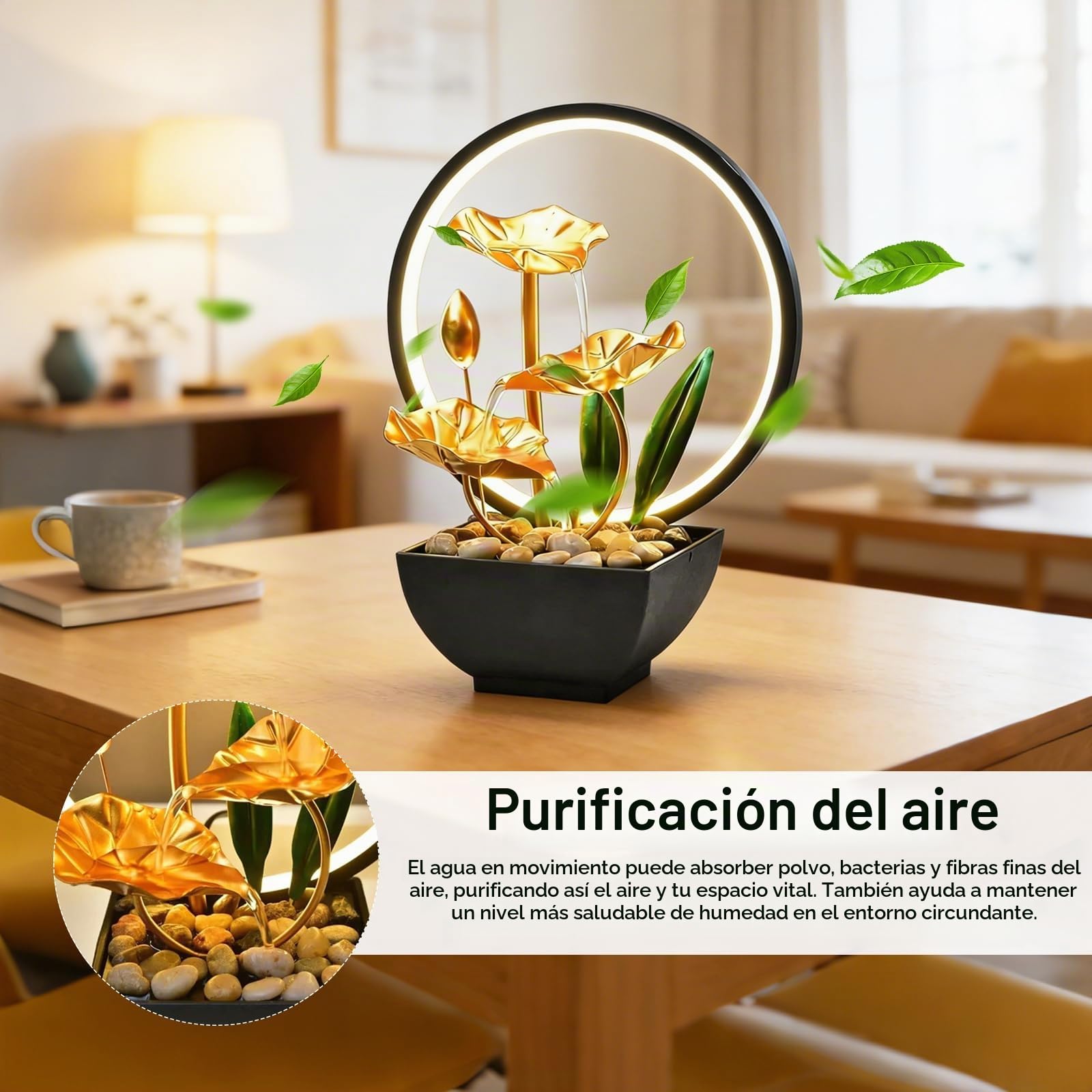 Fuente de habitación con cascada, fuente de mesa con iluminación LED moderna decoración Zen con bomba silenciosa de 3 niveles, mini fuente de habitación pequeña para casa, oficina, sala de estar