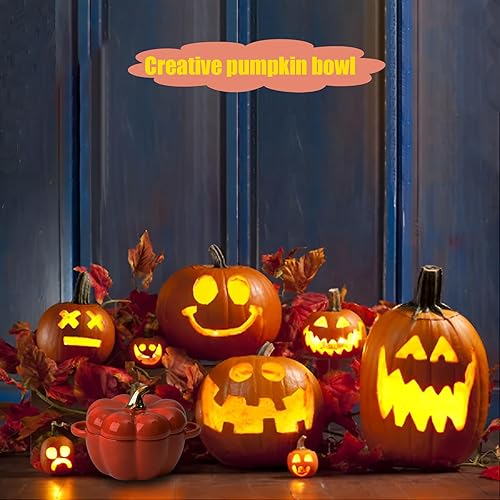 Miniatura 6 de Lindo cuenco, cuenco de cerámica de calabaza con tapa, apto para microondas y lavavajillas, postre o sopa con asa, vajilla decorativa para Acción de