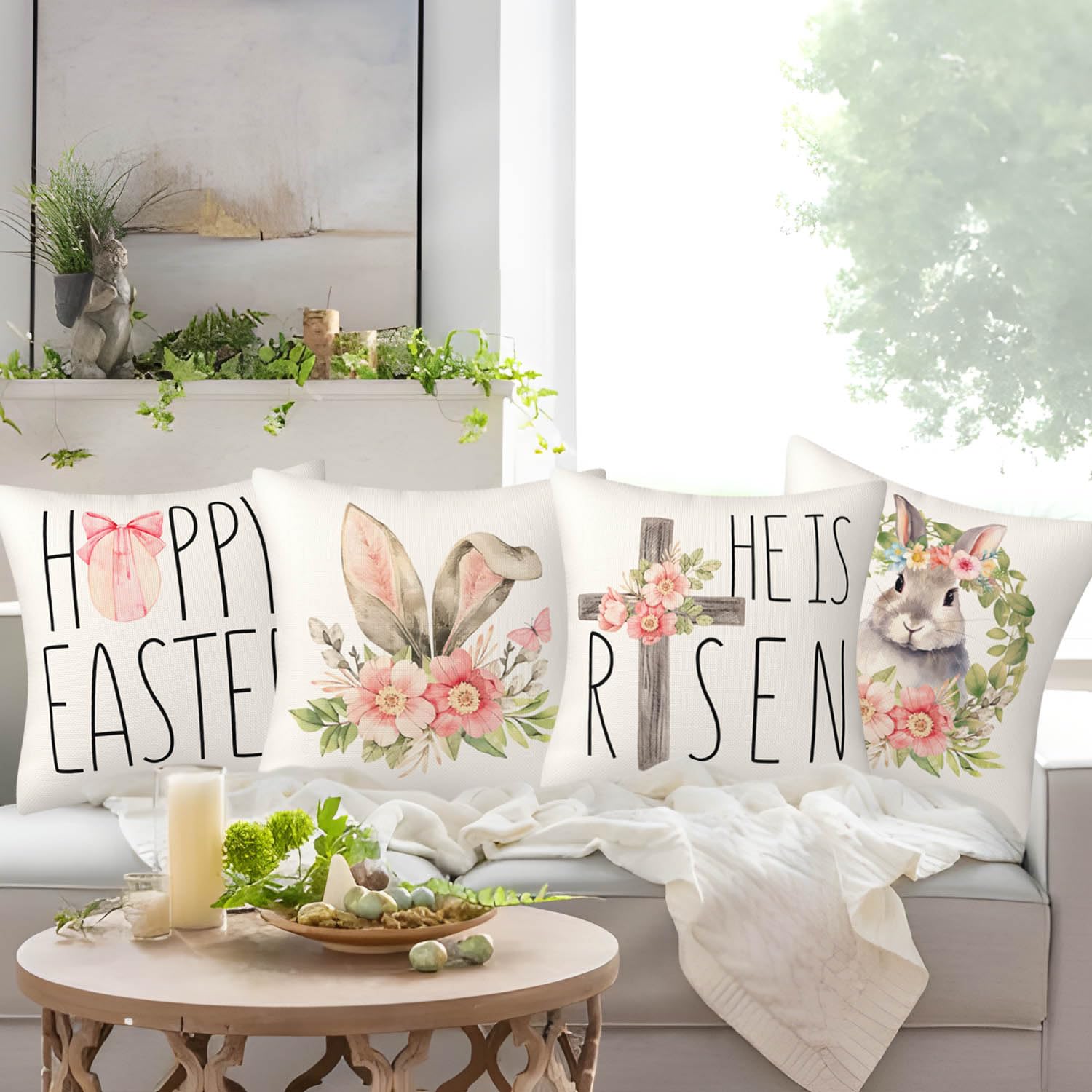 Set Di 4 Federe Per Cuscini 45x45 Cm – Decorazioni Primaverili E Pasquali – Tema Uova E Coniglietti