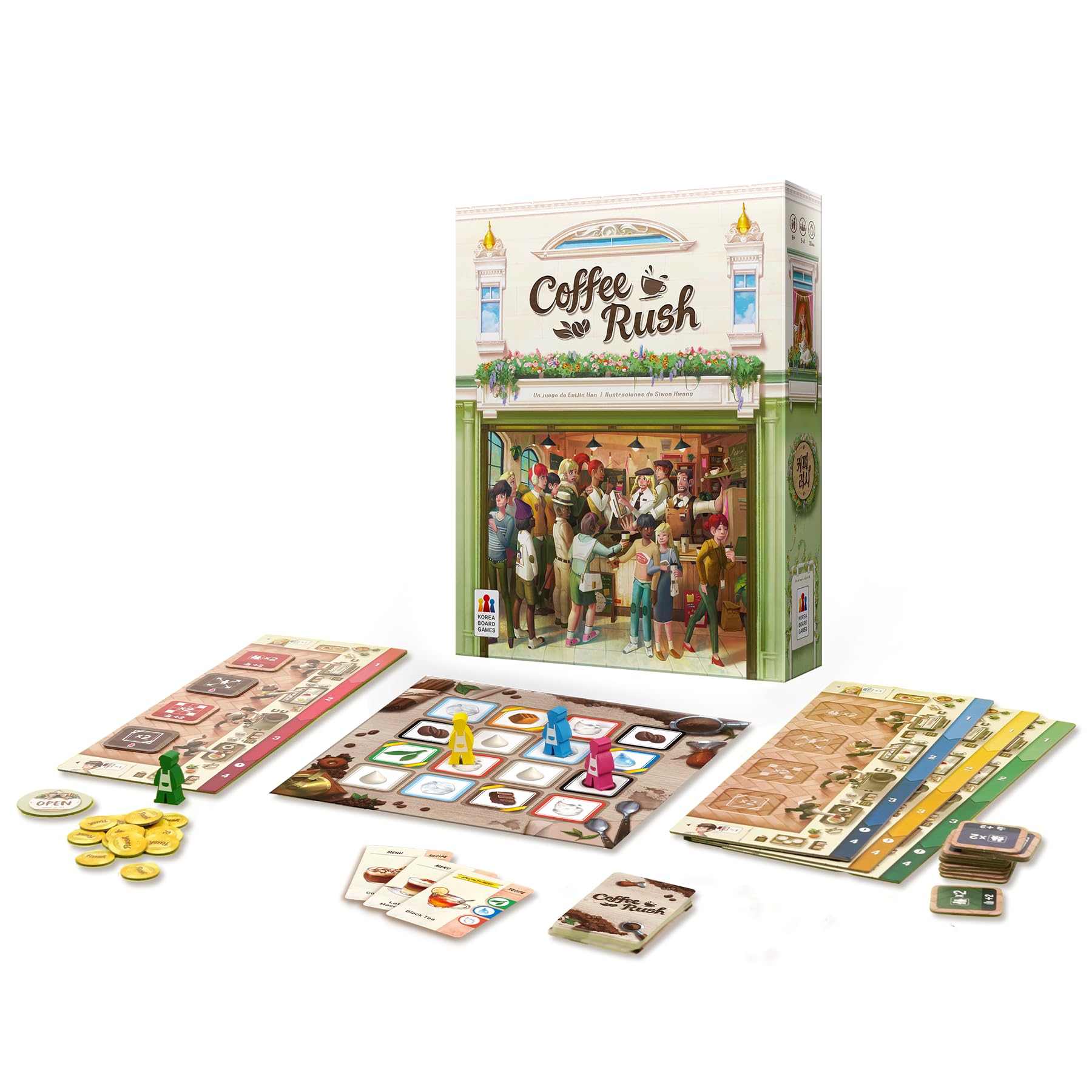 Korea Board Games Coffee Rush, Juego de Mesa de Estrategia para Adultos y Familias, Conviértete en el Mejor Barista, A Partir de 8 Años, De 2 a 4 Jugadores, 30 Minutos por Partida, Español