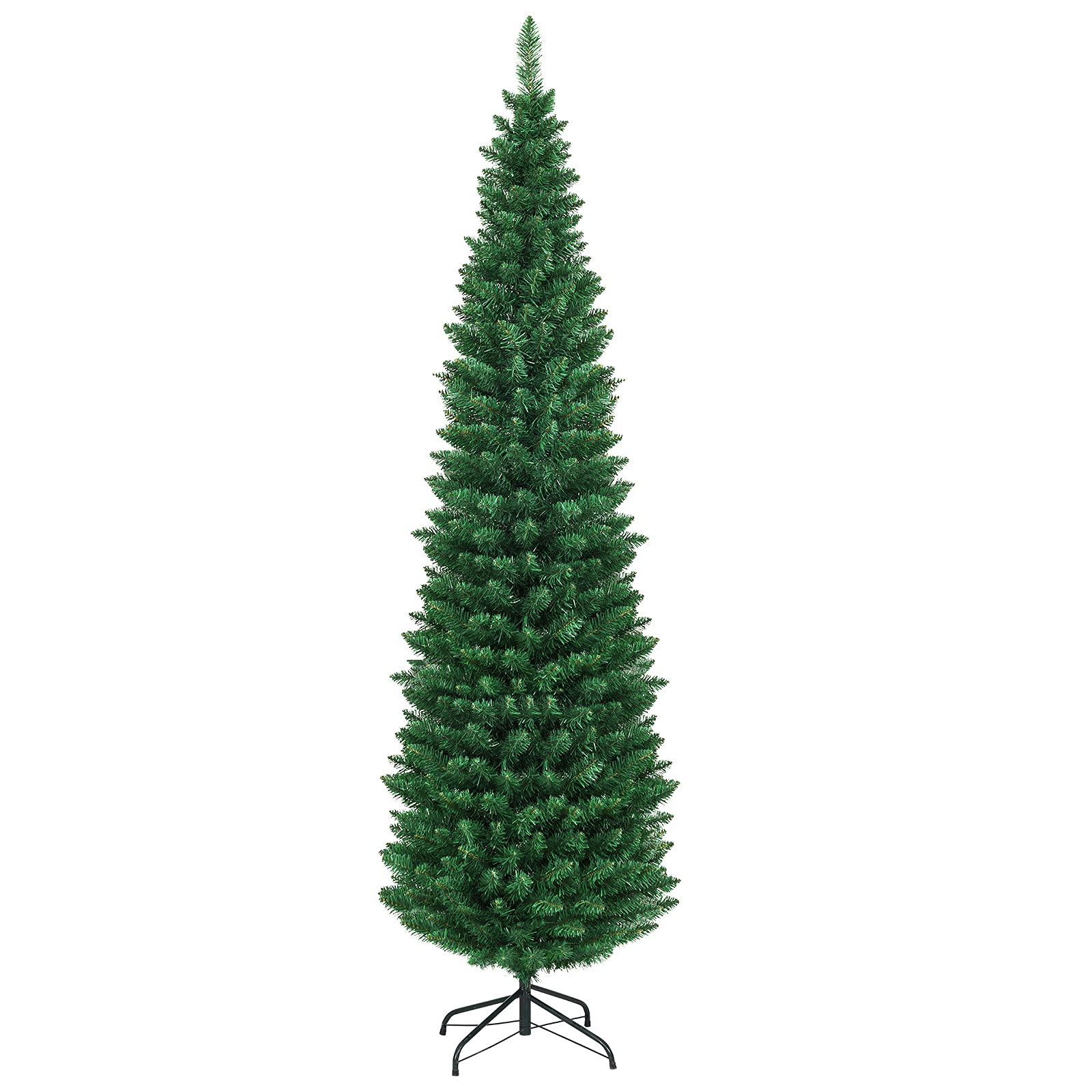 COSTWAY 7FT Pencil Christmas Tree, Slim Skinny Hinged Pine Tree with PVC Material, 700 Branch Tips, Solid Metal Legs, Unlit Artificial Xmas Tree for Home, Holiday, Hotels, Outdoor Decoration, Green
