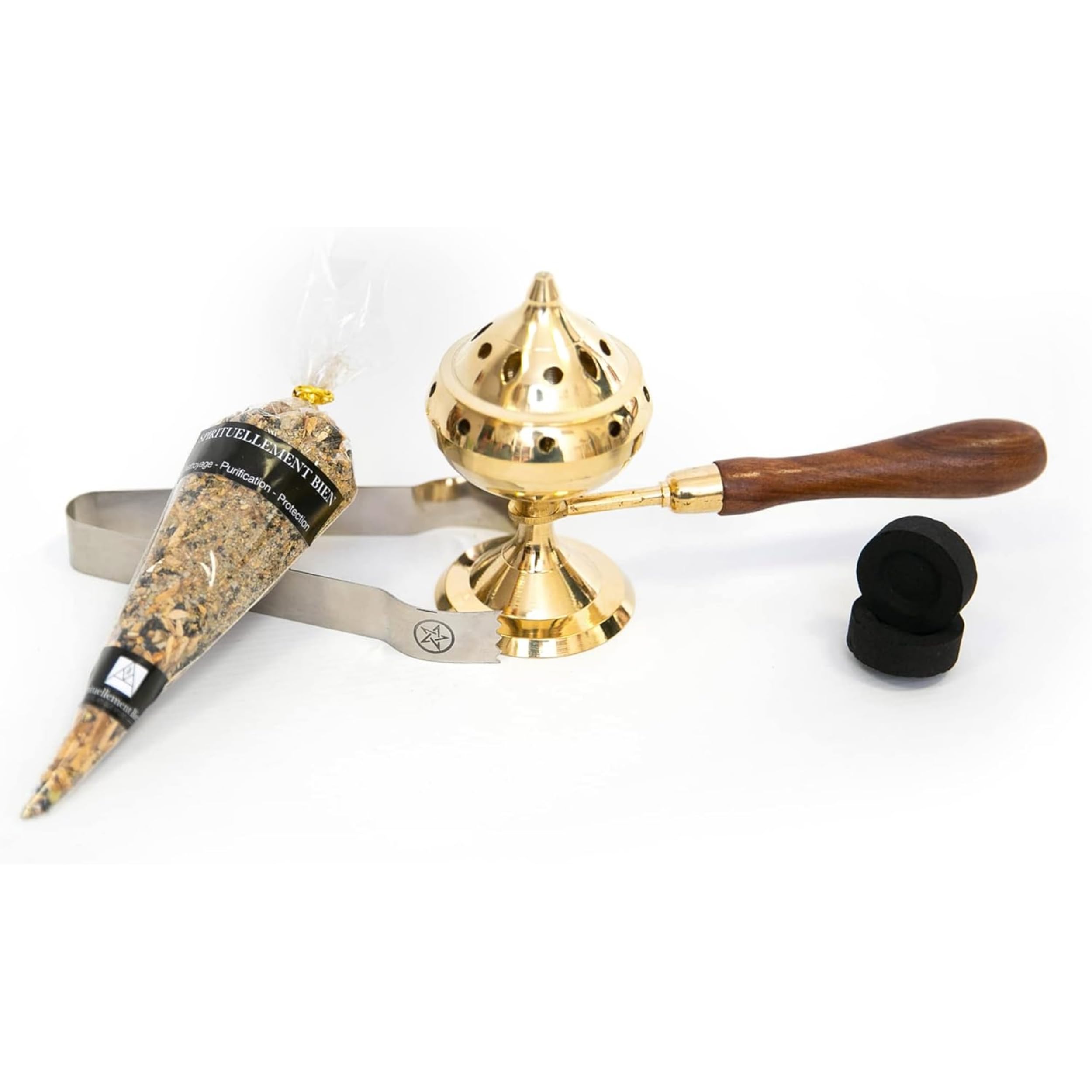 Bruciatore di incenso in bronzo con manico in legno + 10 carboni + 1 pinza + 1 set di incensi in resina SpiritualiBien Grande Purificazione - Pulizia - Regalo Esoterico (Spirito)