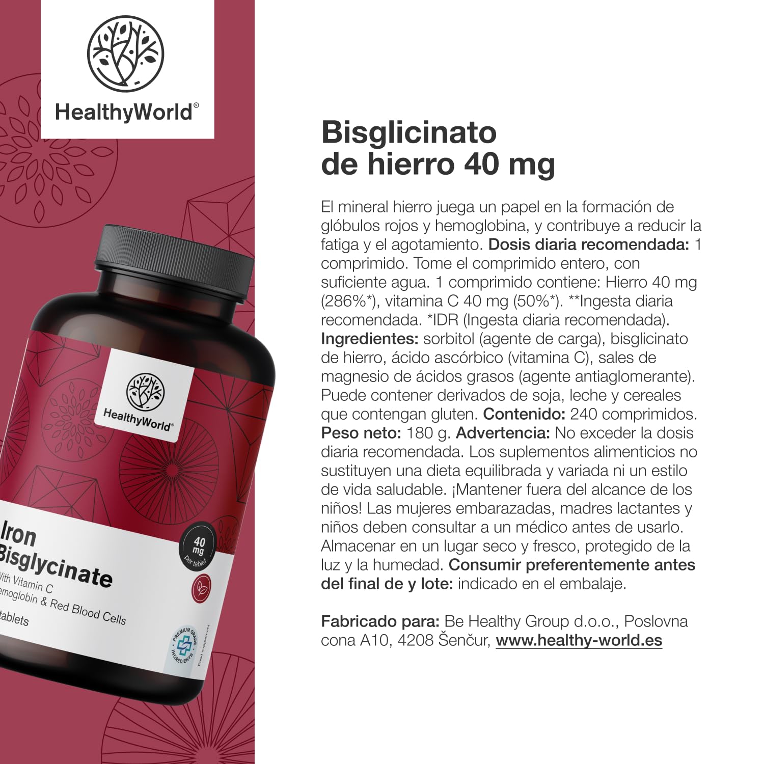 HealthyWorld Bisglicinato de hierro - Con vitamina C - 240 Comprimidos - Suministro para 8 meses - Sin OMG ni colorantes artificiales - 40 mg de hierro, 40 mg de vitamina C - Máxima calidad