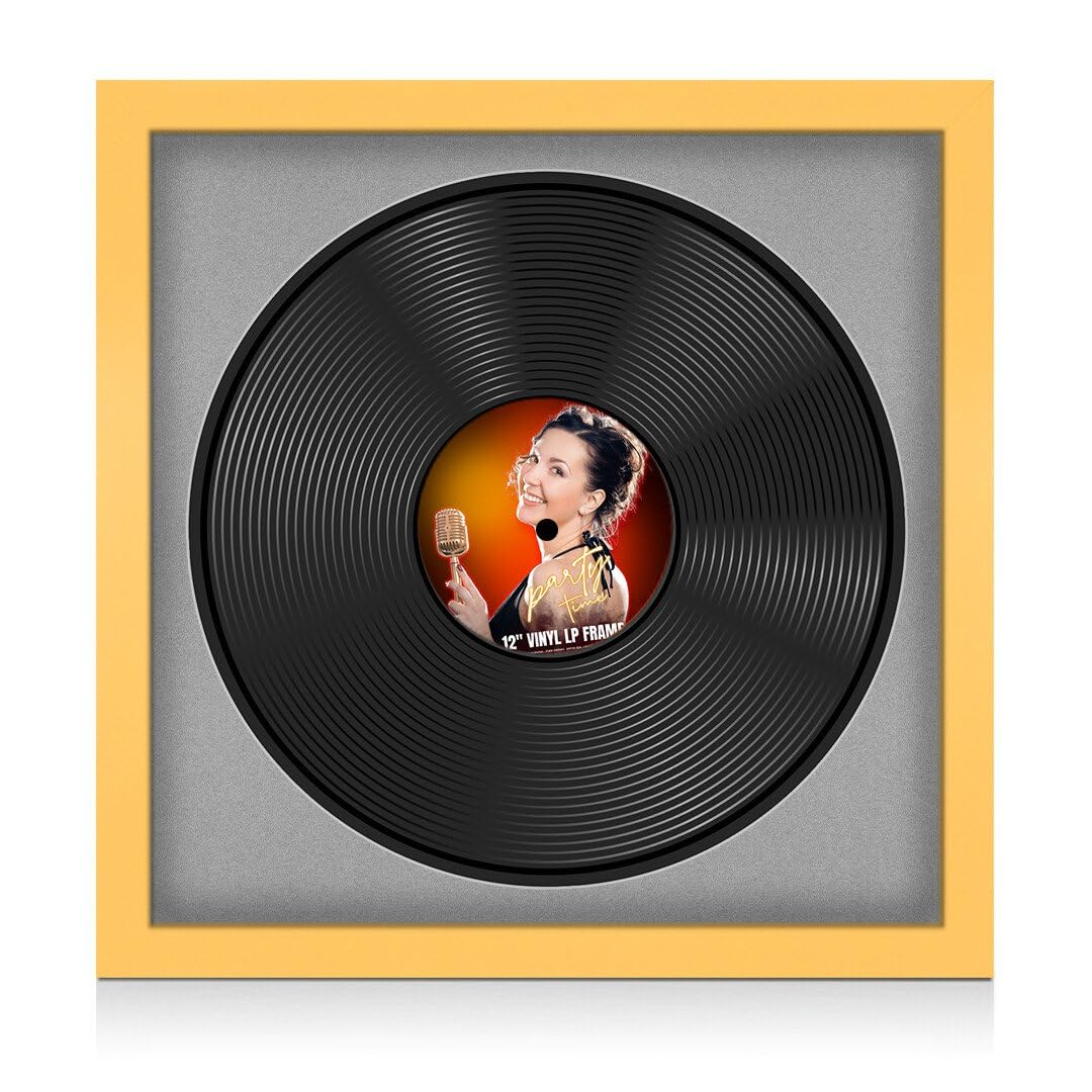 Procut Global 16x16" Matte Yellow Vinyl Record Frame for 12 Inch LP Disc- Round Modern Display Photo Frame for Vinyl CD Records - Engineered Wood with Shatterproof Perspex Front - Silver Mount