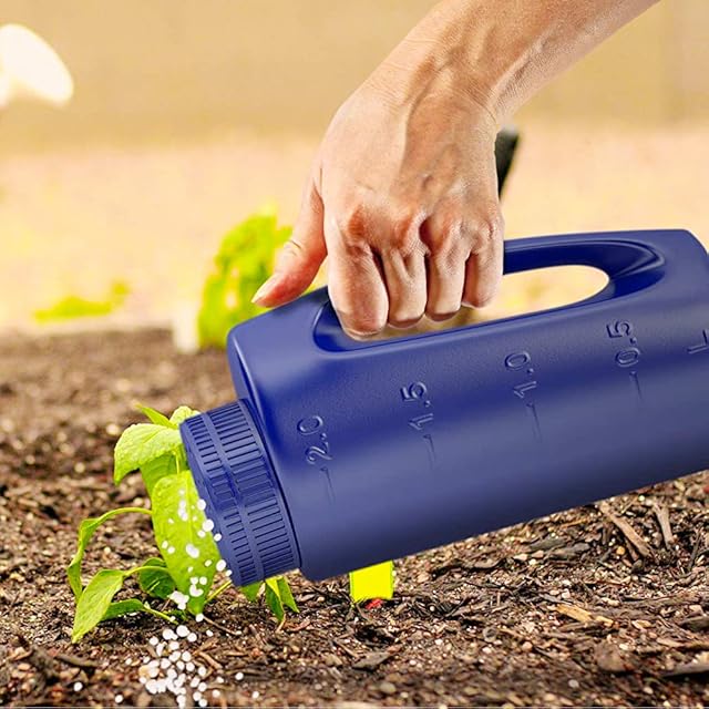 Spreader Hand Held with Adjustable Hole Size Handy for Fertiliser Lawn Seed Grit Rock Salt to Deice Insect repellent and More Heavy Duty - Comes with a Spare Lid Fertilizer Spreader Grass Blue