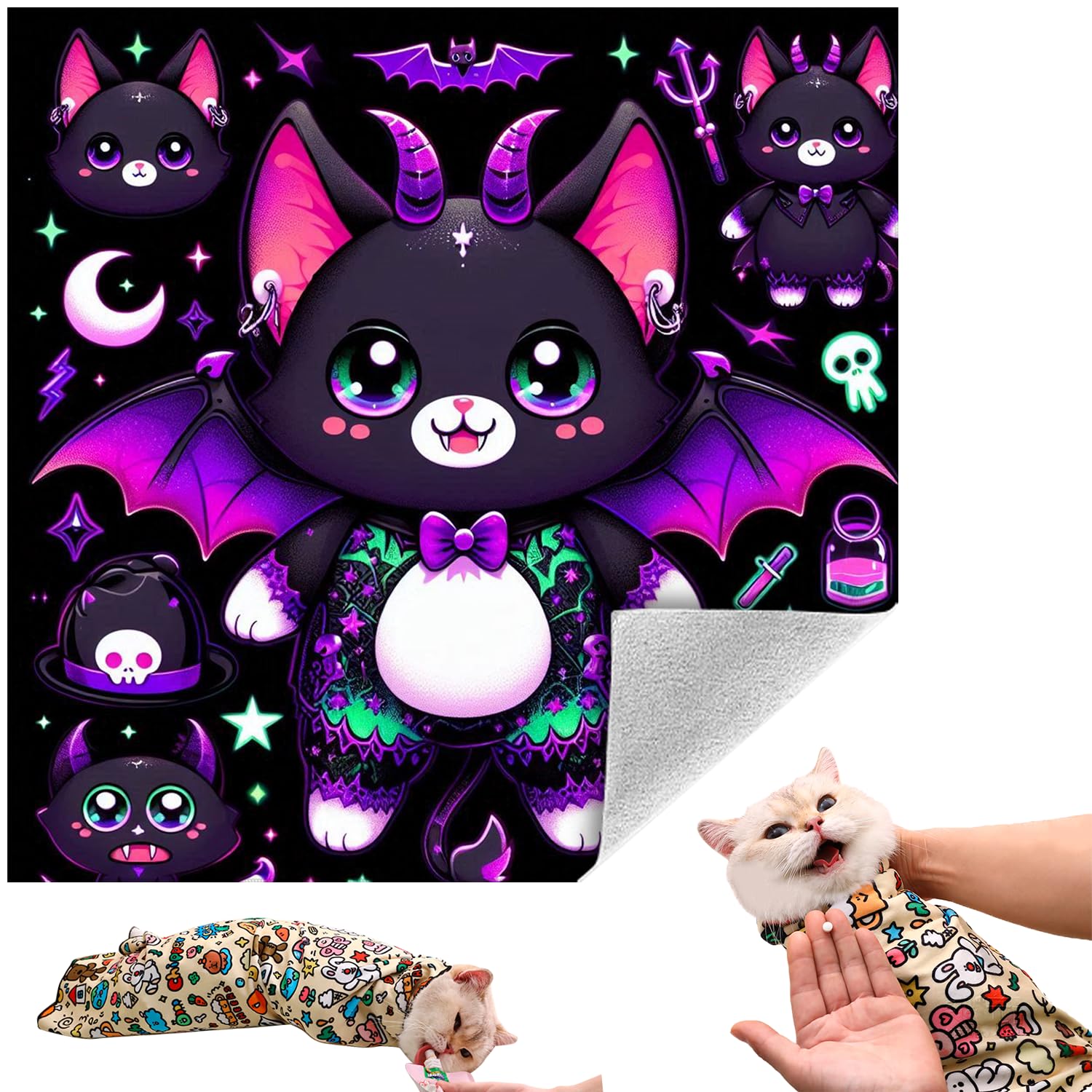 Cat Grooming Wrap, Self-Adherent Soft Cat Blanket to Wrap, Nail Clipping, Anti-Bite, Anti-Scratch, Anti-Escape Calming Wrap (Halloween, 10-13 lbs)
