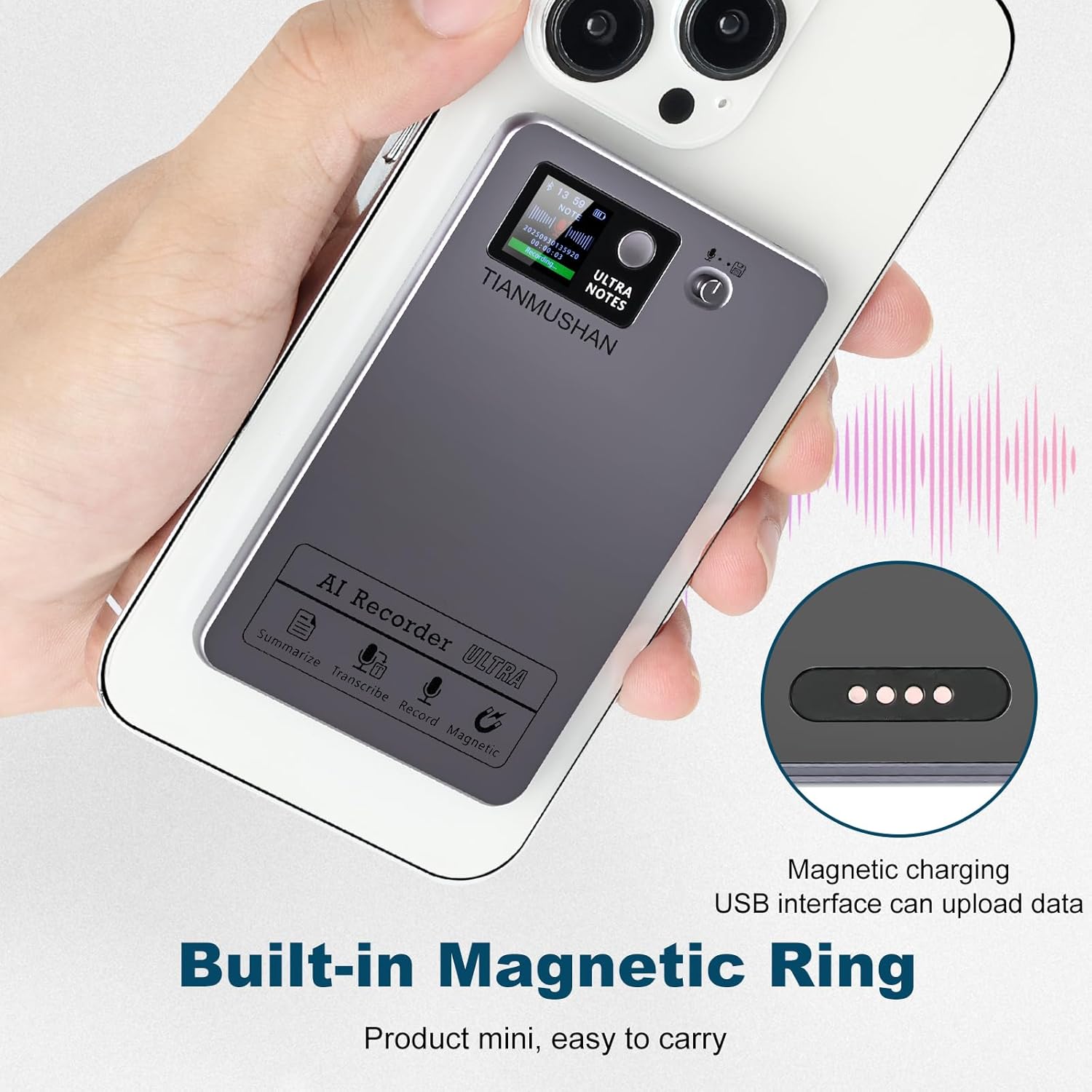 AI Voice Recorder, Supports 152 Languages, 64GB Memory APP Control Audio Recorder for Lectures, Meetings, Calls,AI Noise Cancellation Technology,Built-in Magnetic Ring,Mini Transcriber with Summary.