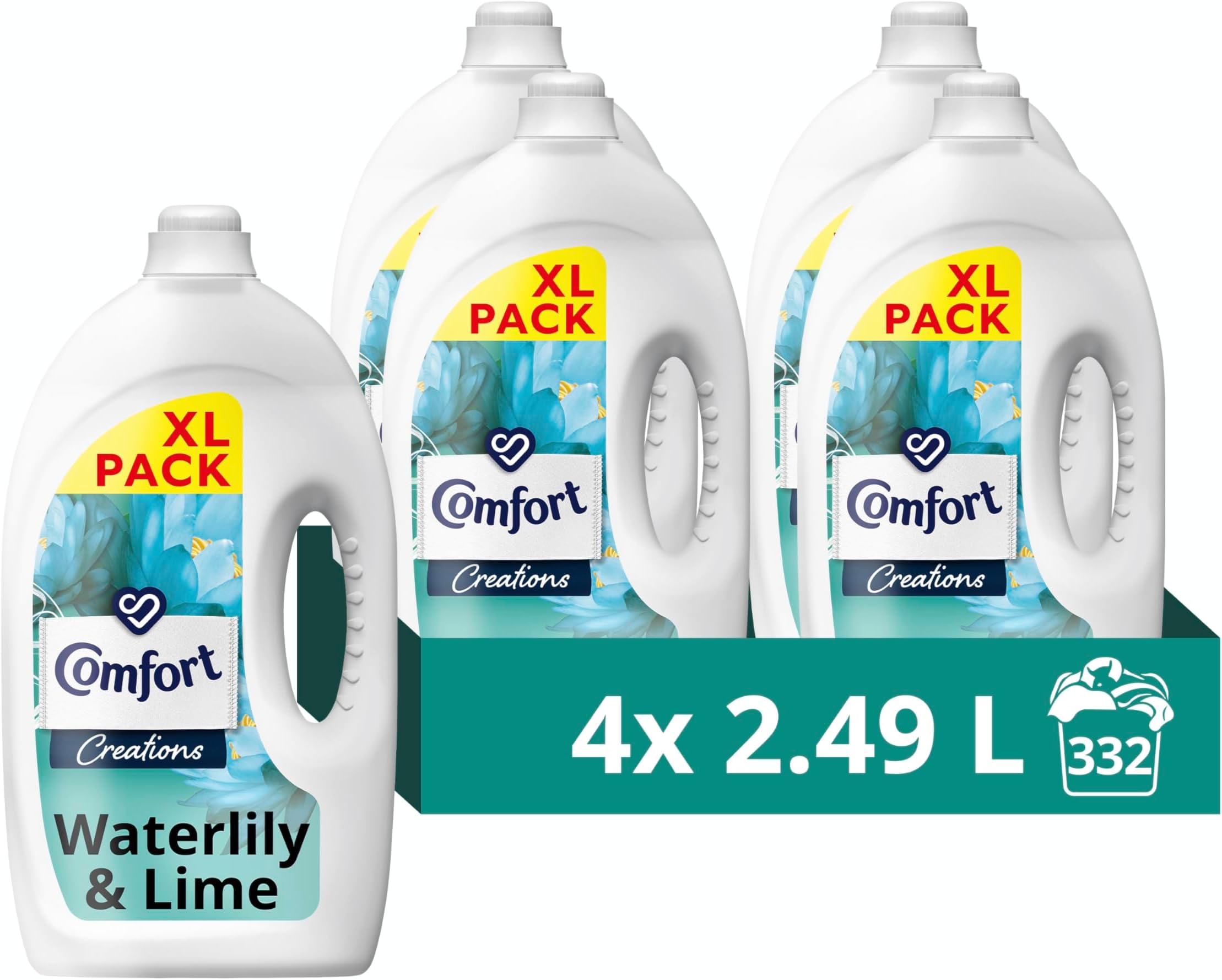 Comfort Creations Waterlily & Lime Fabric Conditioner with Stay Fresh technology for 100 days of freshness + fragrance* 4x 2.49 L (332 washes)