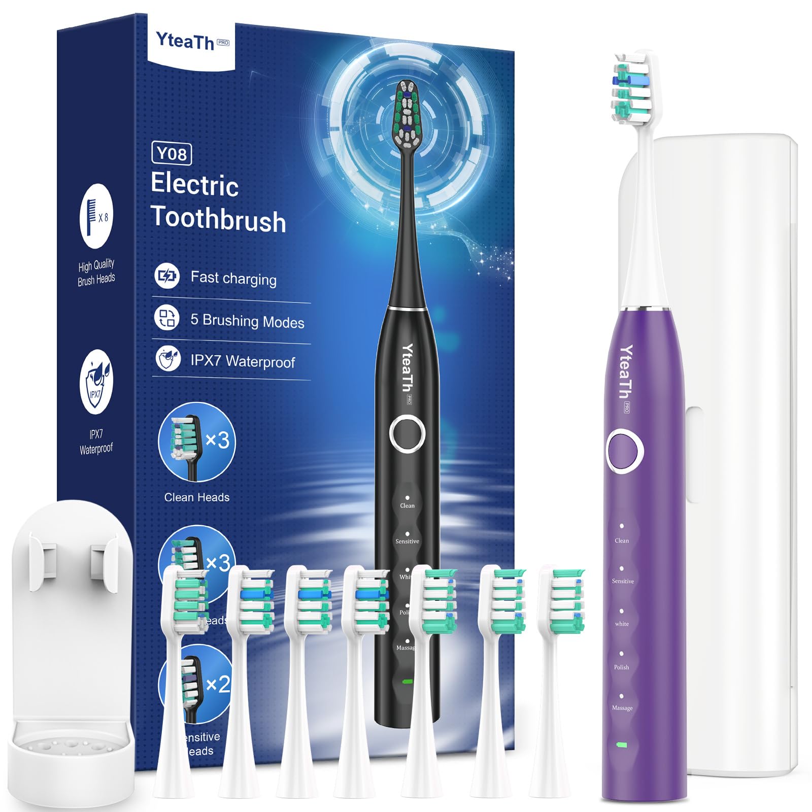 Sonic Electric Toothbrush for Adults and Kids - Sonic Toothbrush with 8 Toothbrush Heads and 5 Modes, 120 Days Battery Life, 50000 VPM, Travel Case and Wall Holder, 2 Minute Timer, USB C (Purple)-image-22