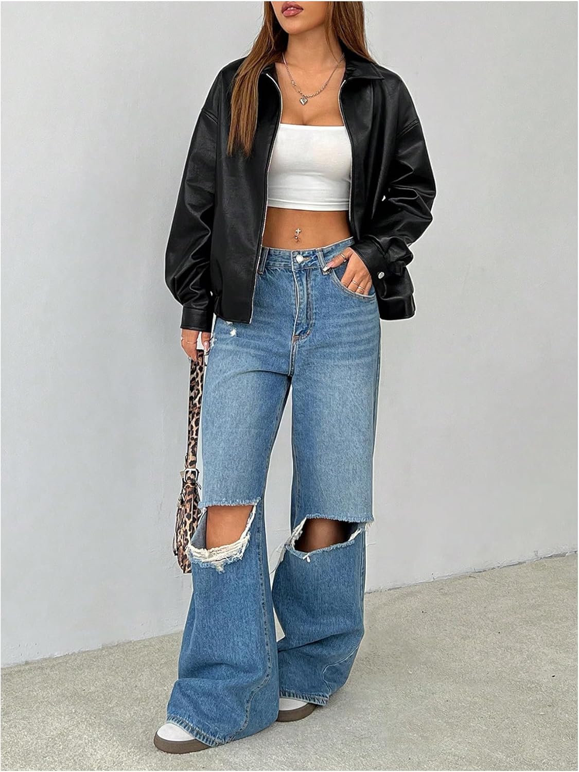 Women's Faux Leather Zip Up Jacket Long Sleeve Drop Shoulder Outerwear Coat - Image 6