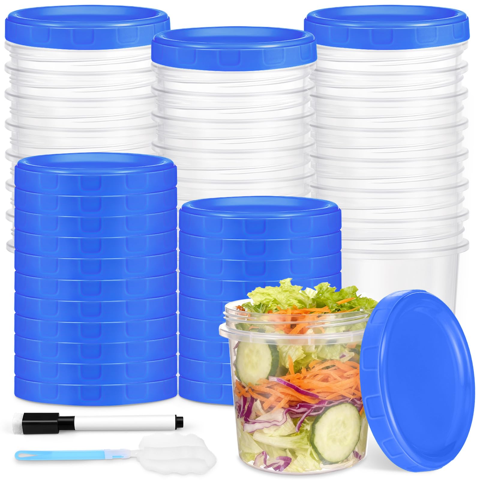 Yomarket 24 Pcs 16 oz Plastic Deli Containers with Screw Lids, Freezer Storage Containers Reusable 2 Cup Food Storage Container with Pen & Brush for Snack Salad Fruit, Microwave & Dishwasher Safe 24 Pack-Blue 16 oz