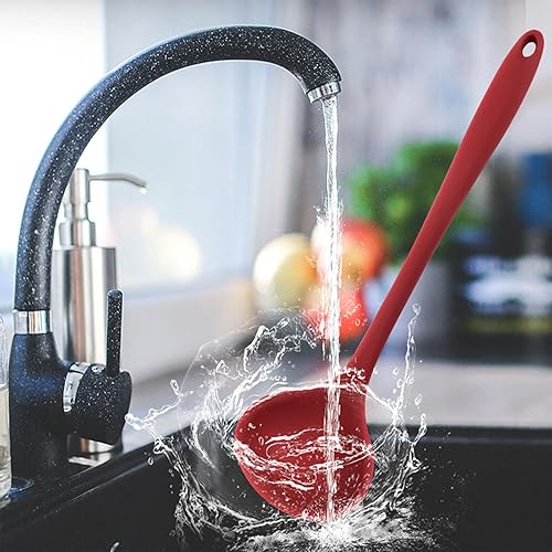 Miniatura 6 de Juego de 5 cucharones de silicona para sopa, juego de cucharas antiadherentes para el hogar adecuadas para servir y cocinar, silicona roja, azul,