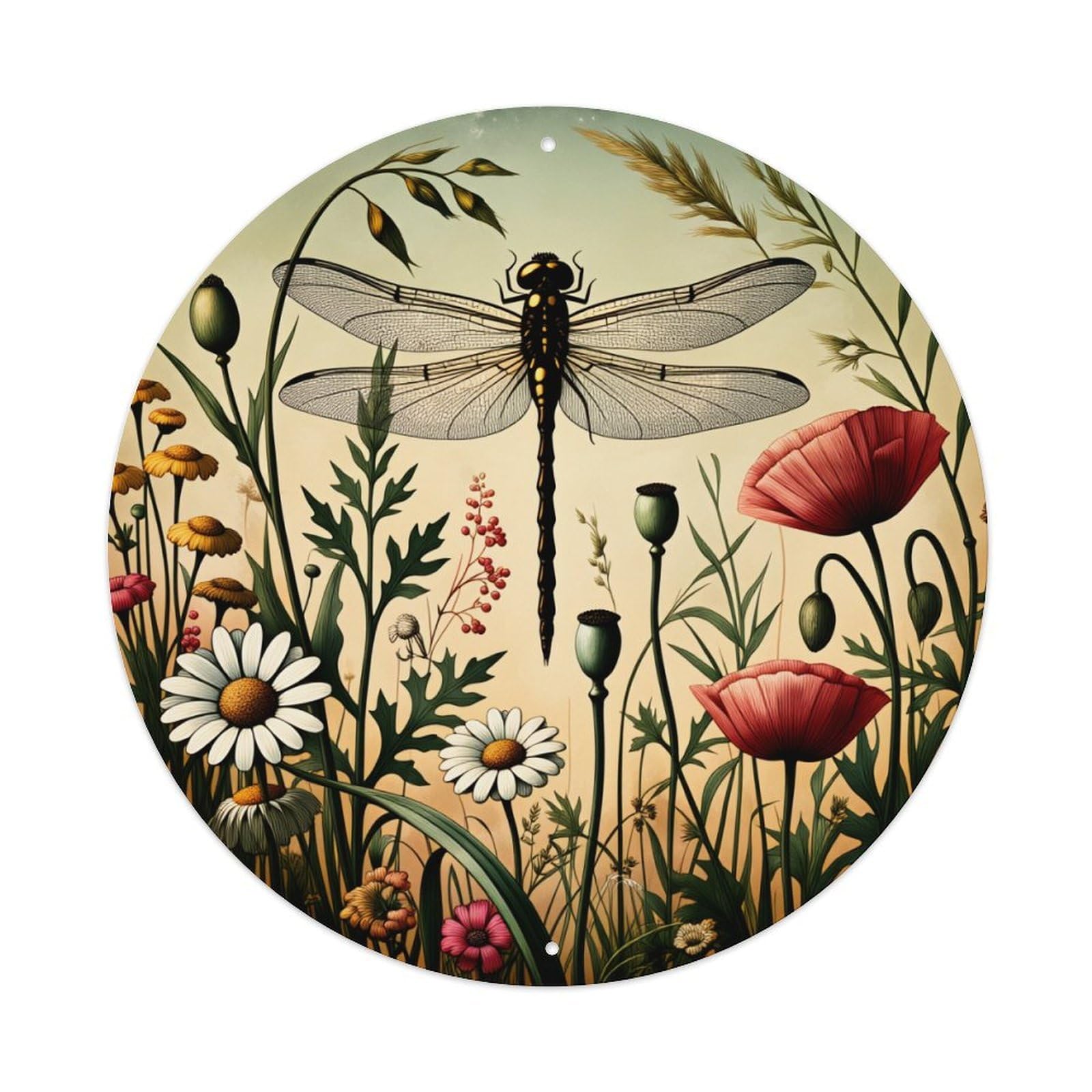 Dragonfly Flowers Meadow Nature Art Vintage Metal Tin Sign Retro Wall Decor for Home Bar Garage Cafe, Indoor & Outdoor Decorative，circle Metal Poster, 8x8 Inch