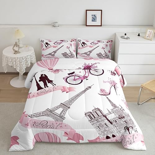 Miniatura 2 de Erosebridal Juego de edredón de la Torre Eiffel, juego de ropa de cama de París tamaño matrimonial, juego de ropa de cama de torre de mariposa rosa