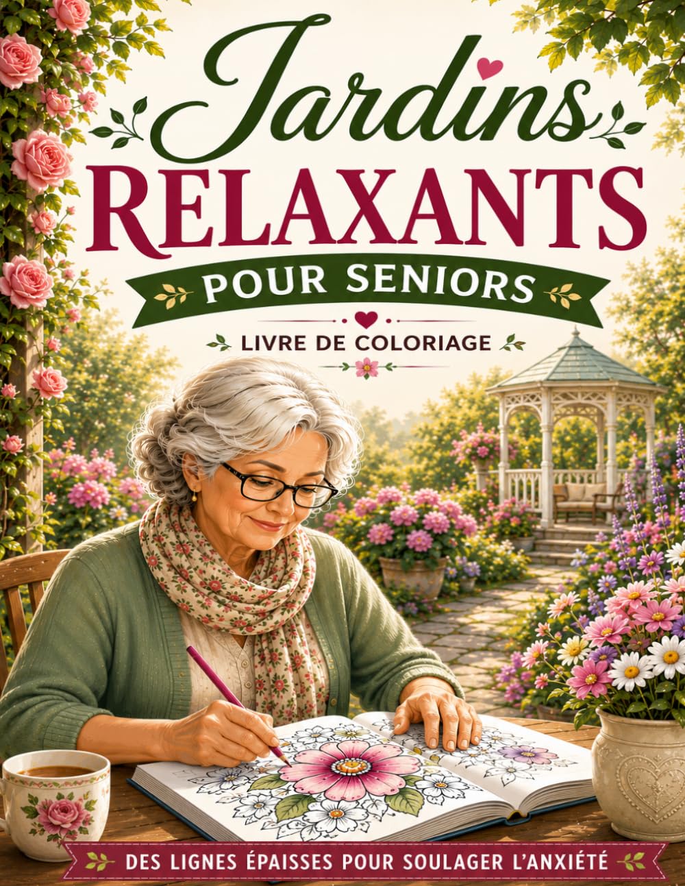 Livre de Coloriage pour Seniors: ivre de Coloriage avec 50 Dessins Faciles de Fleurs, Jardins et Nature |Lignes Épaisses Anti-Stress