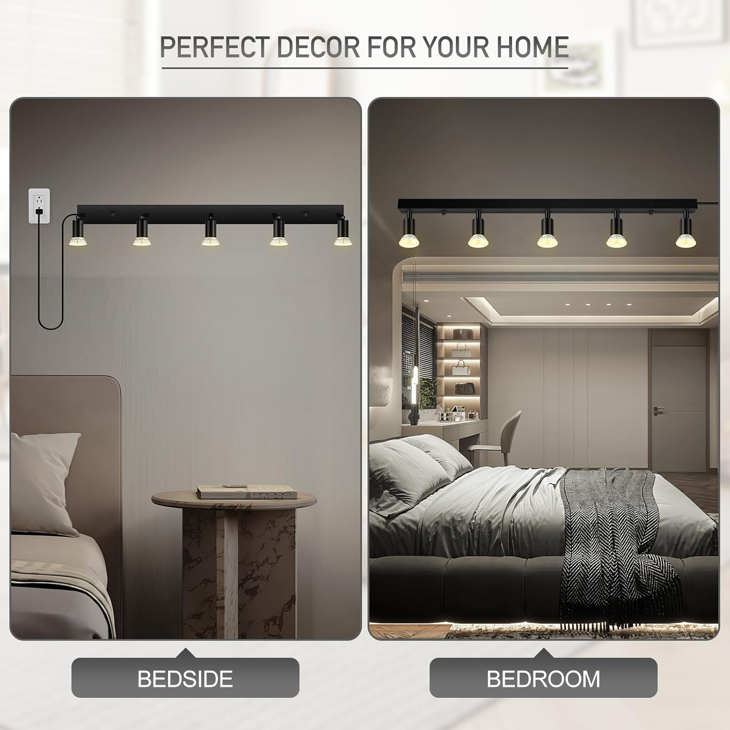 Plug-in Track Lighting, LED Track Lighting Fixtures Ceiling Kit, 30" Black Plug in Wall Light with 14.8ft Cord, 5-Light Ceiling Spotlight,Rotatable Kitchen Light Head for Bedroom Hallway(GU10,NO Bulb)