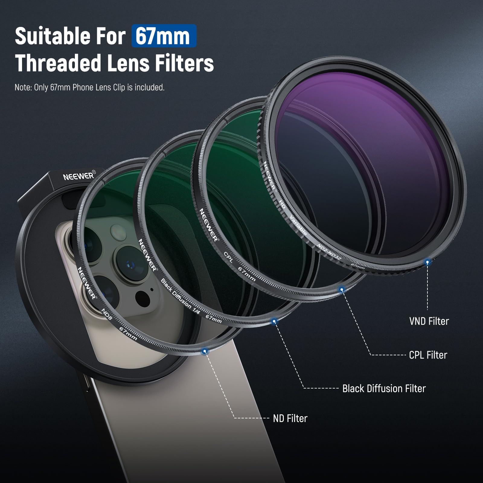 Support de filtre pour téléphone portable de 67 mm, adaptateur de filtre universel, extension de sabot de flash en métal, compatible avec les filtres filetés de 67 mm, pour la photographie de