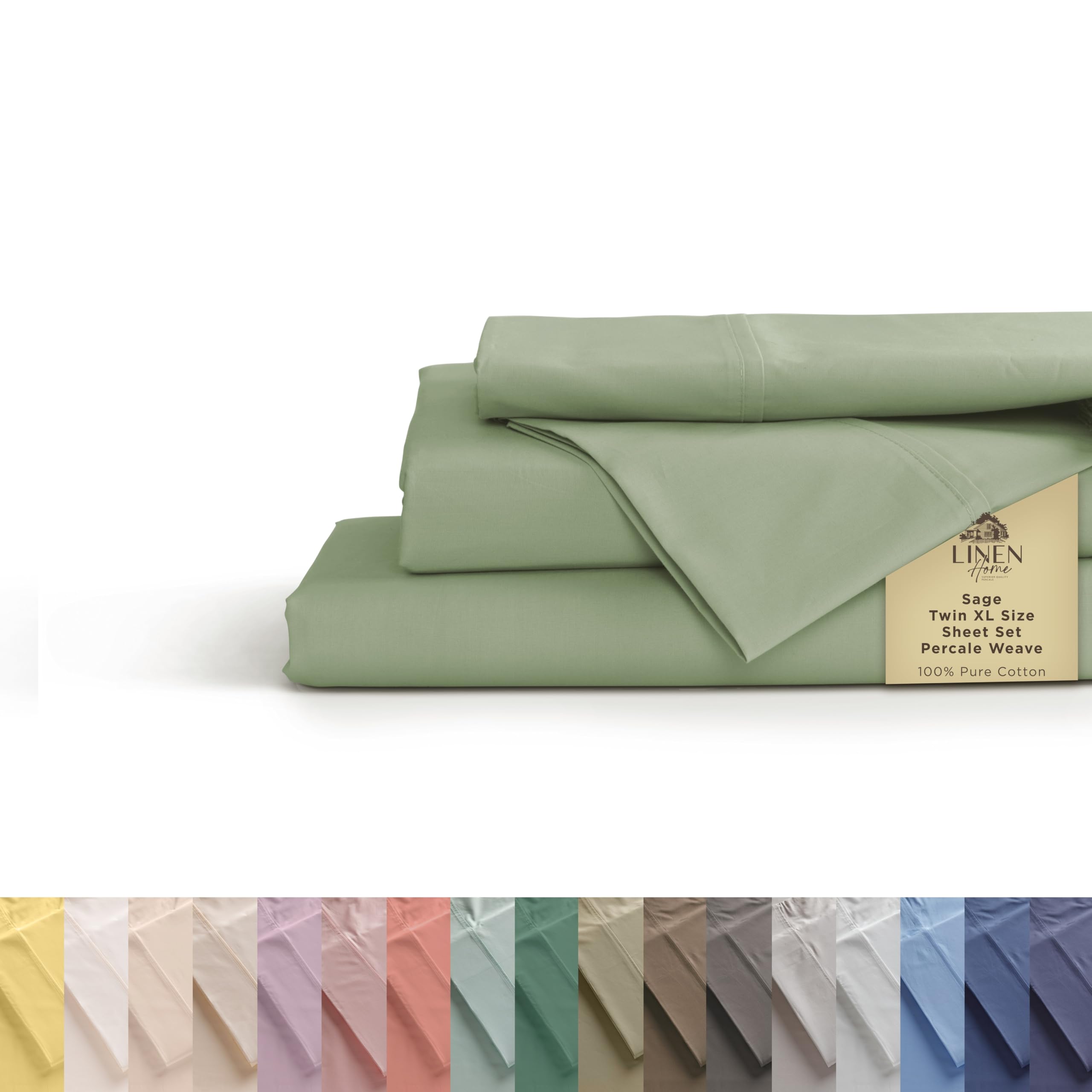 Linen Home 100% Cotton Percale Sheets Twin XL Size, Sage, Deep Pocket, 3 Pieces Set - 1 Flat, 1 Deep Pocket Fitted Sheet and 1 Pillowcase, Crisp Cool and Strong Bed Linen