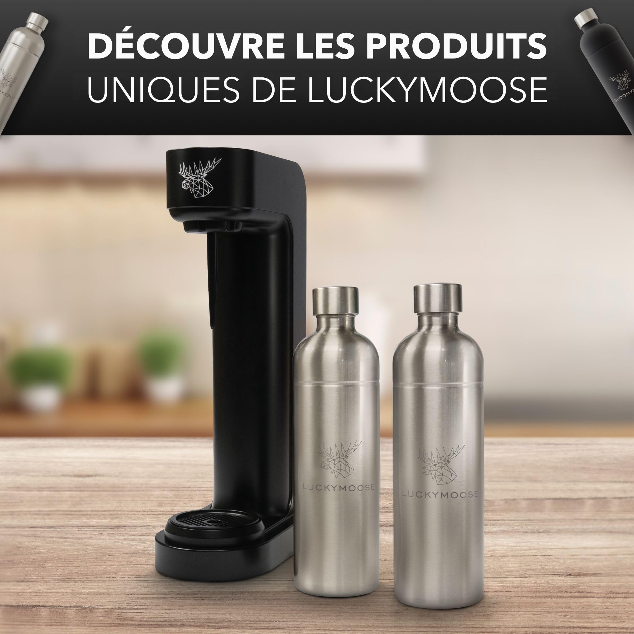 Luckymoose Infinity Machine à eau pétillante & Soda streaming machine – Set 2 Bouteilles Inox 1,25L – Gazéificateur d'eau Maison & Cuisine, Design Compact & Solide Compatible Cylindre CO2 Bleu