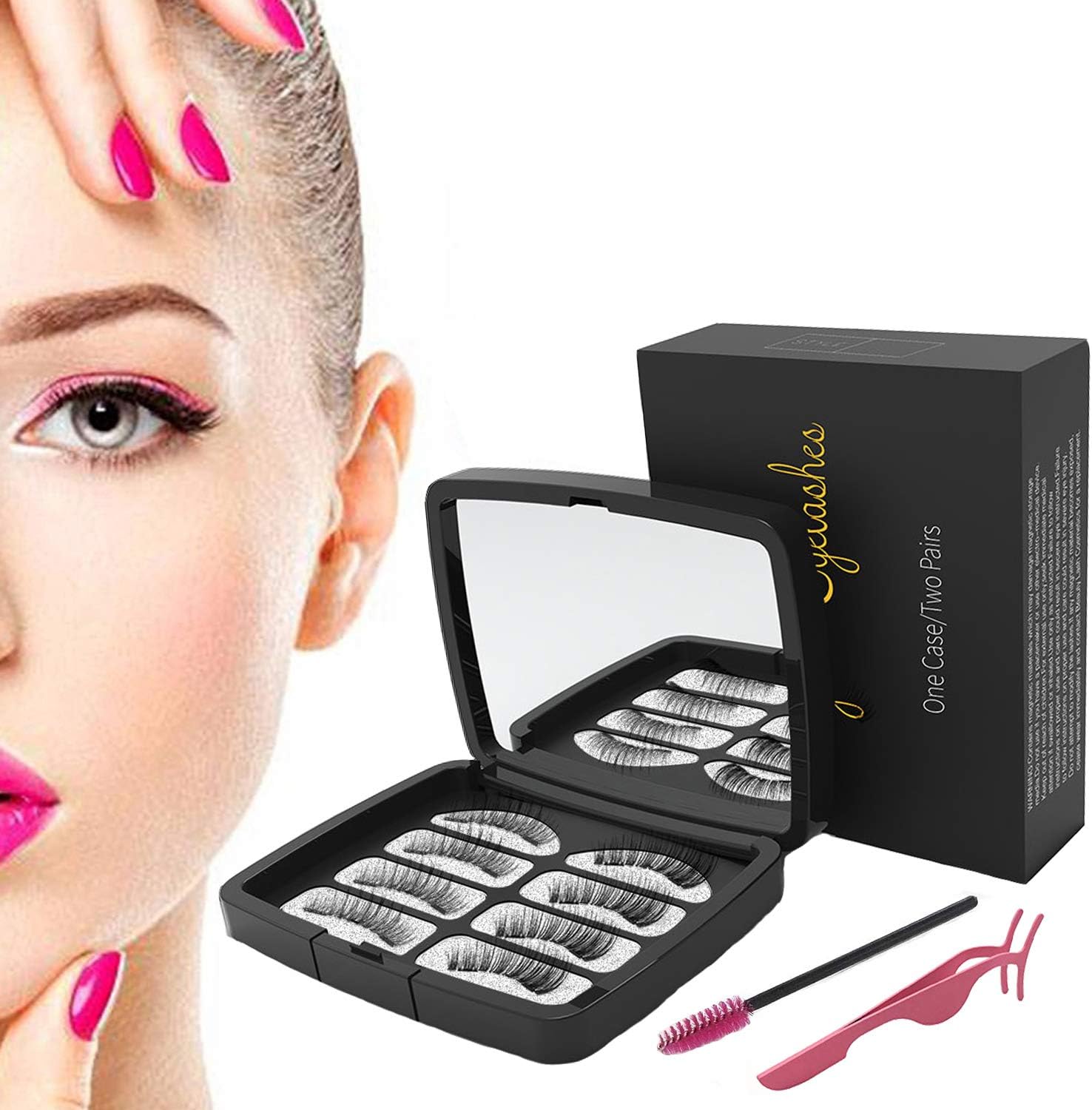 Magnetic Eyelashes, Full Eye 3 Magnets Reusable False Eyelashes (2 Pairs / 8 PCS Lashes with Tweezers & Brush) Easy Wear Best 3D Best Fake Eye Lashes, Natural Look No Glue Magnet Lashes