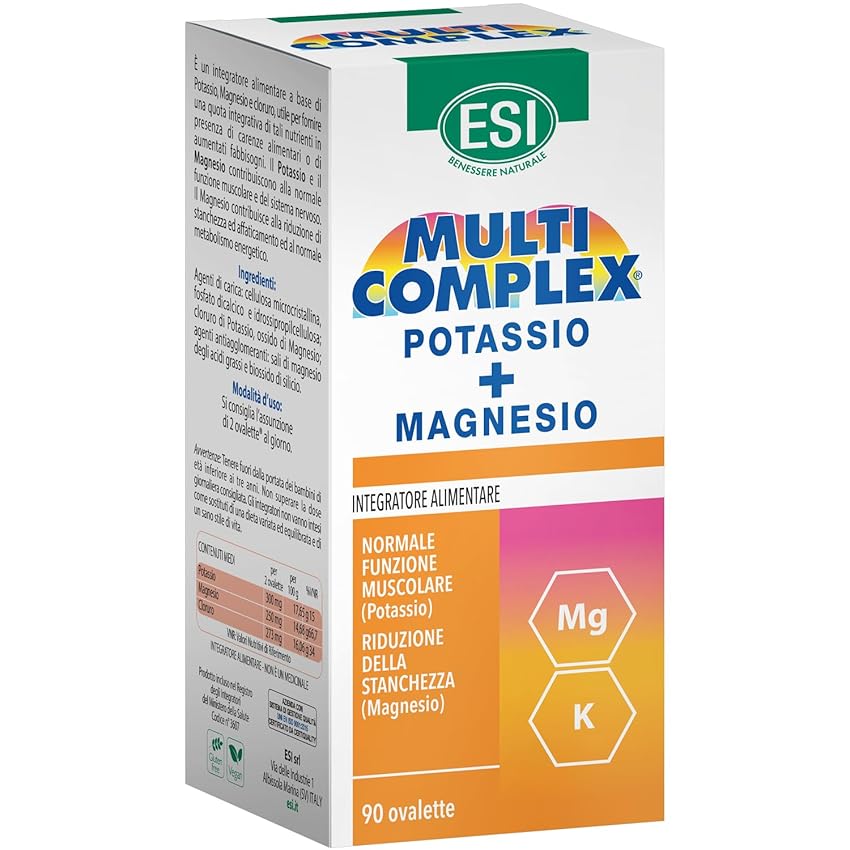 ESI, Multicomplex Potassio+Magnesio, Integratore Alimentare Multiminerale, Contribuisce a Ridurre Stanchezza e Affaticamento Fisico, Restituisce Energia, Senza Glutine e Vegano, 90 Ovalette