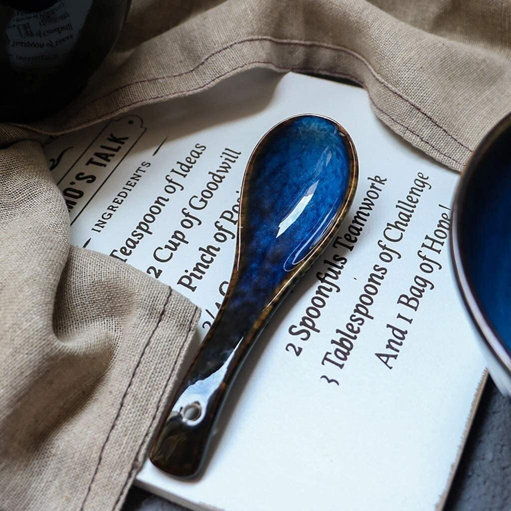 Japanese Style Ceramic Blue Soup Spoon, Retro Ramen Bowl Soup Spoon Dessert Spoon Creative Kiln Change Tableware 4pcs